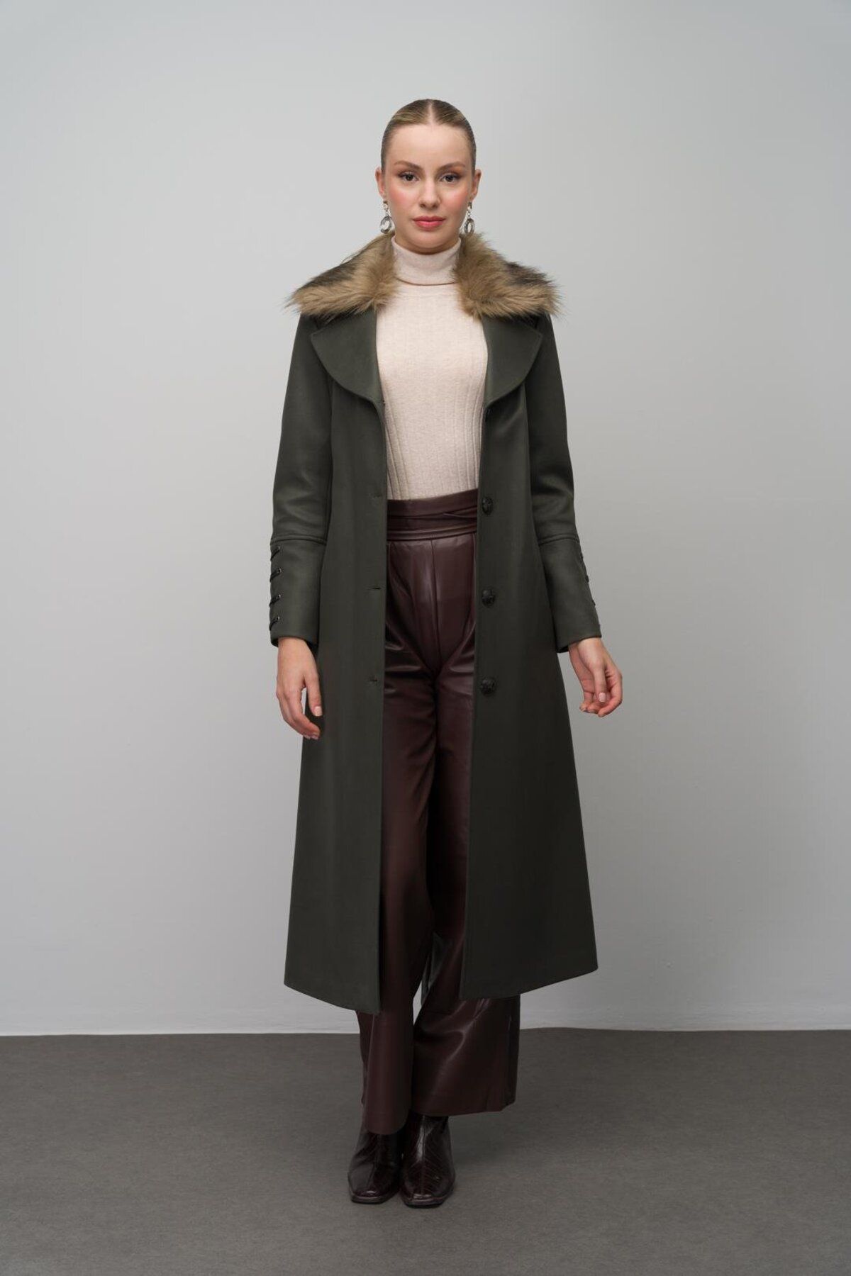 Olcay-Gabardine Suede Look Cap with Removable Collar Fur Leather Belt and Unit Detail Khaki 6645 5