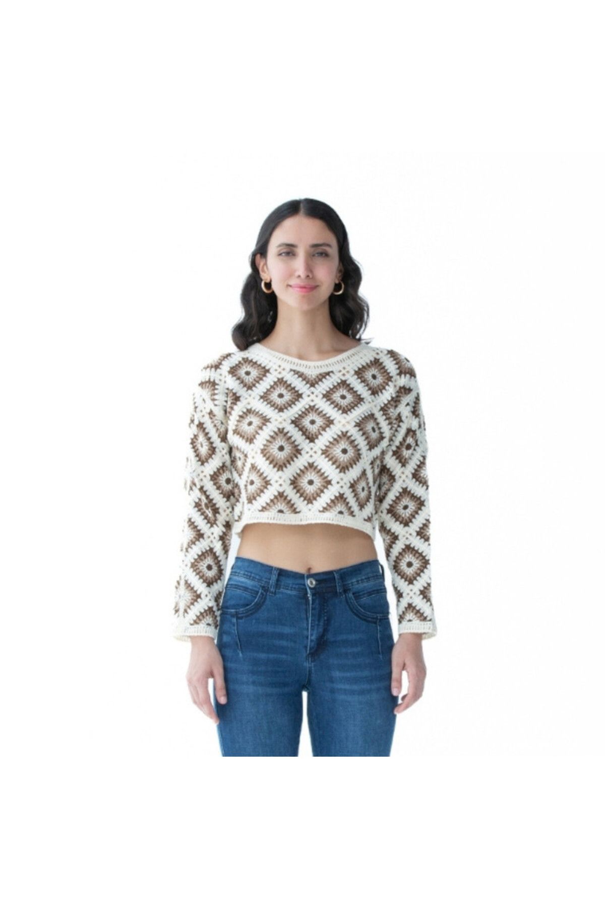 Hailys-Women's Crochet Knit Crop Top - Cream & Brown 1