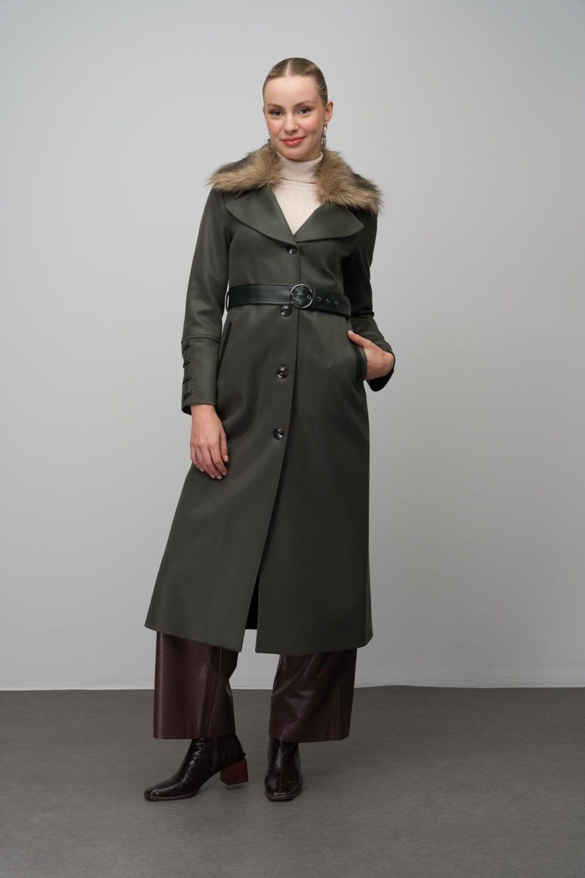 Olcay-Gabardine Suede Look Cap with Removable Collar Fur Leather Belt and Unit Detail Khaki 6645 1