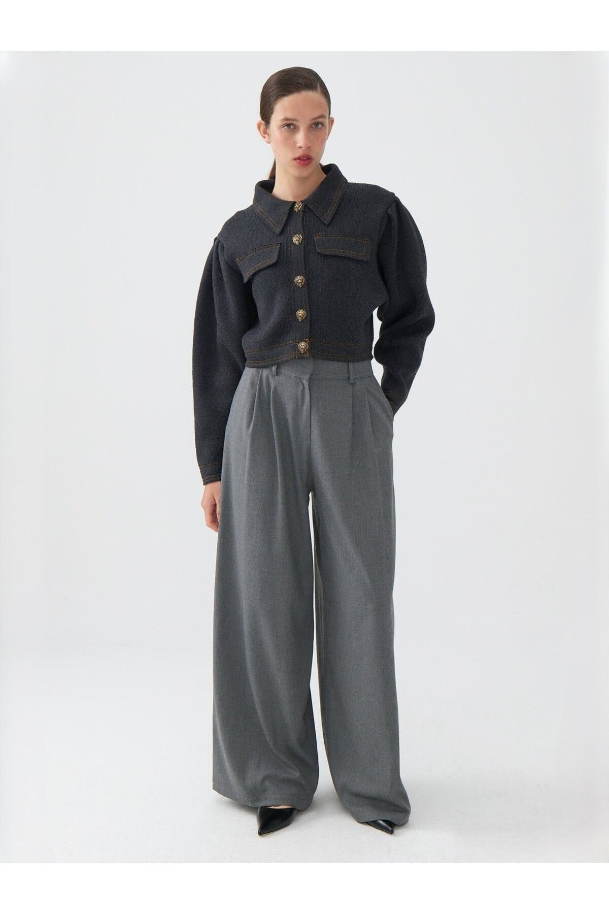 Nocturne-Crop Shirt Collar Jacket 1