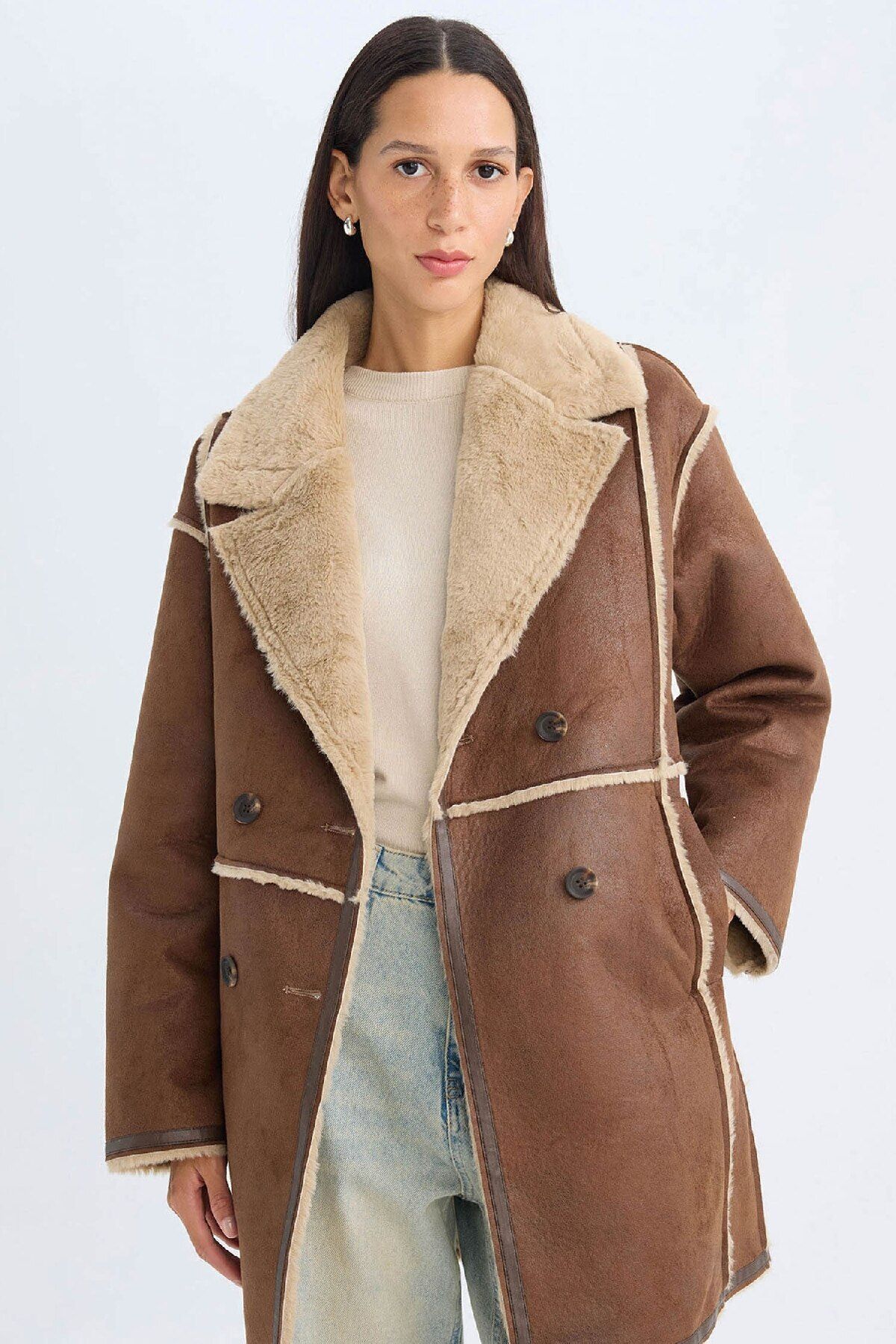 DeFacto-Suede Coat - Plush Lined with Buttons and Pockets D4202Ax24Wn 1