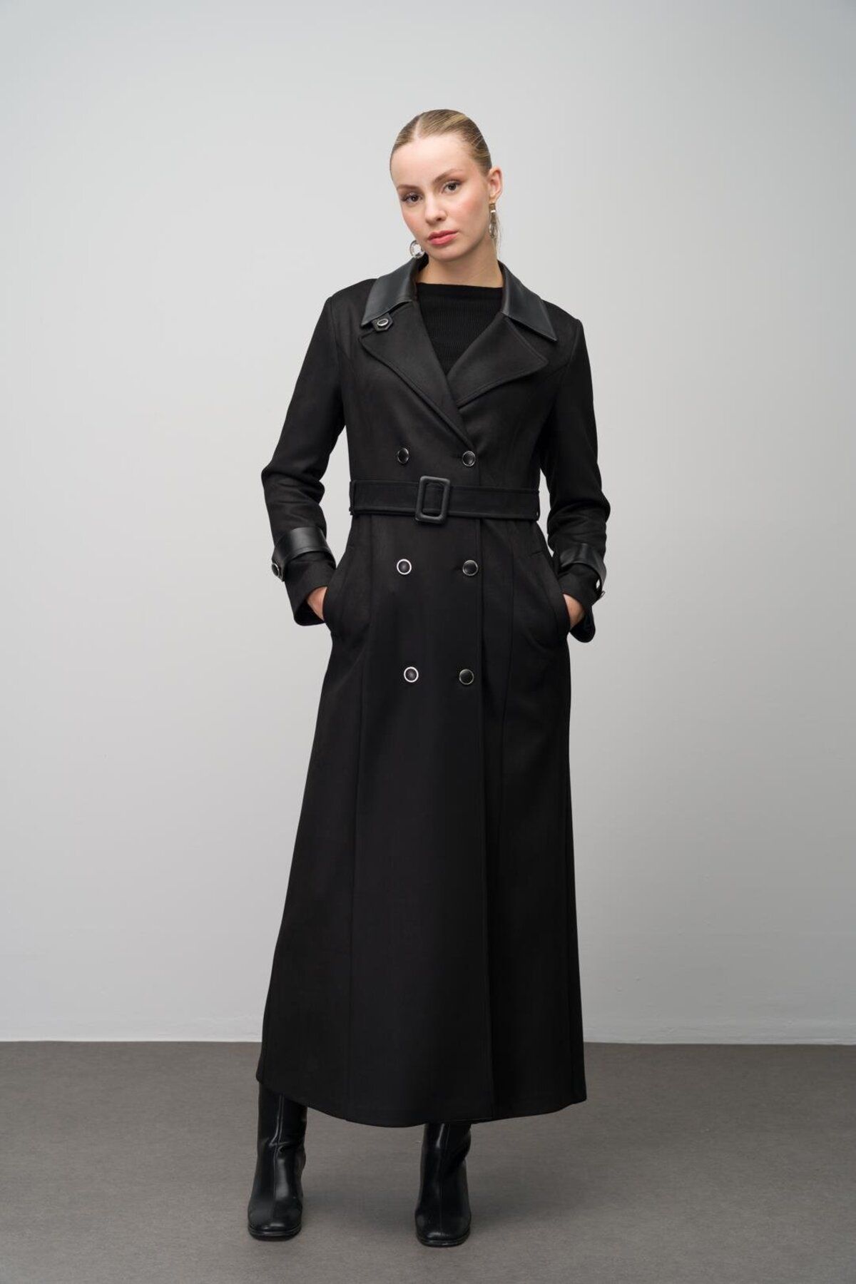 Olcay-Gabardine Suede Look duplasoros bőrkabát - FEKETE 6647 3