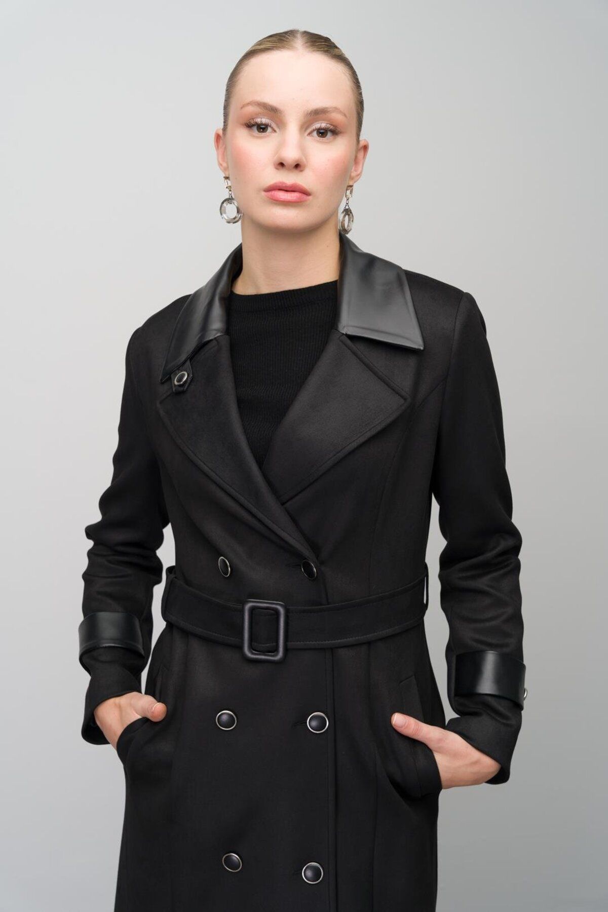 Olcay-Gabardine Suede Look duplasoros bőrkabát - FEKETE 6647 2