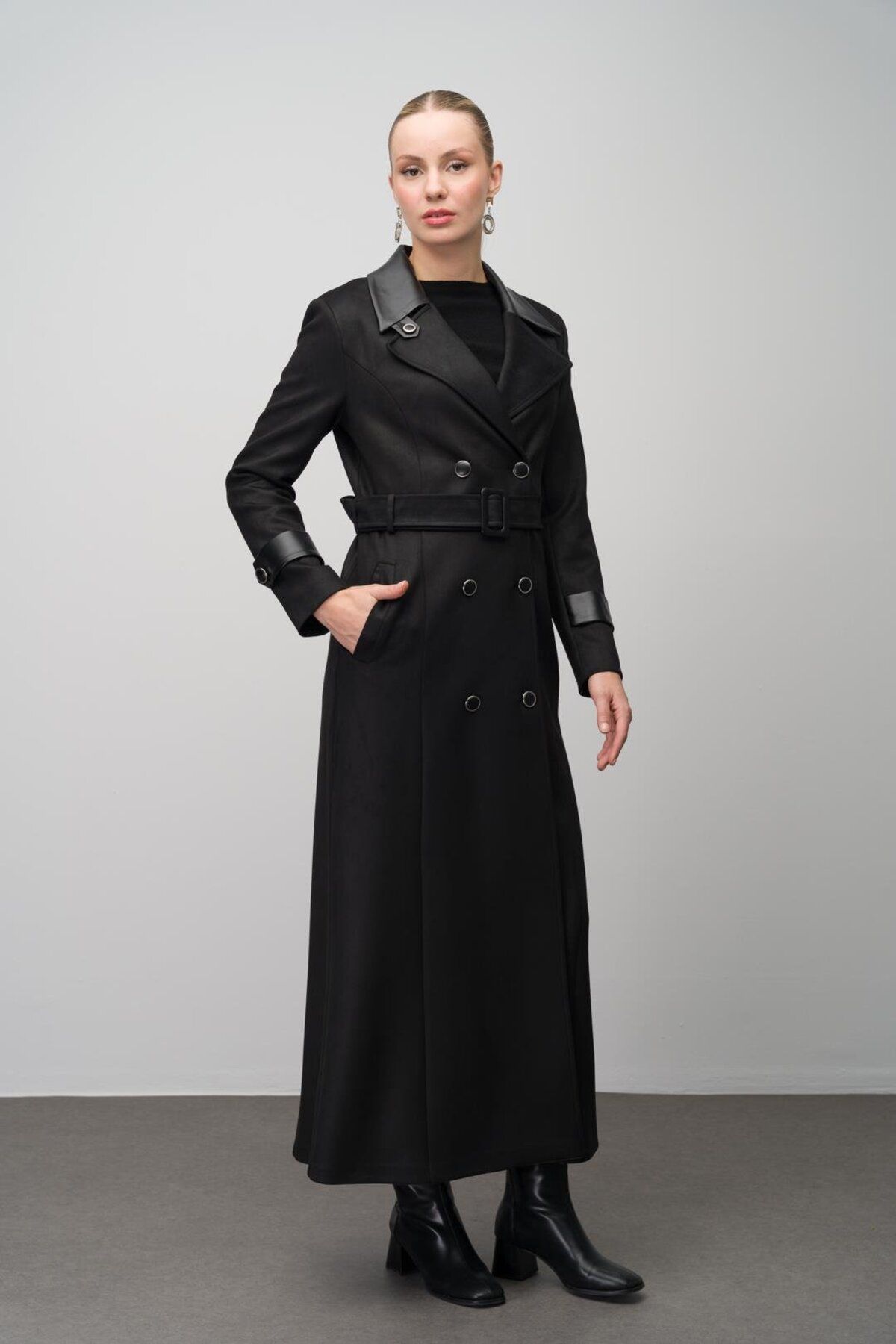 Olcay-Gabardine Suede Look duplasoros bőrkabát - FEKETE 6647 4