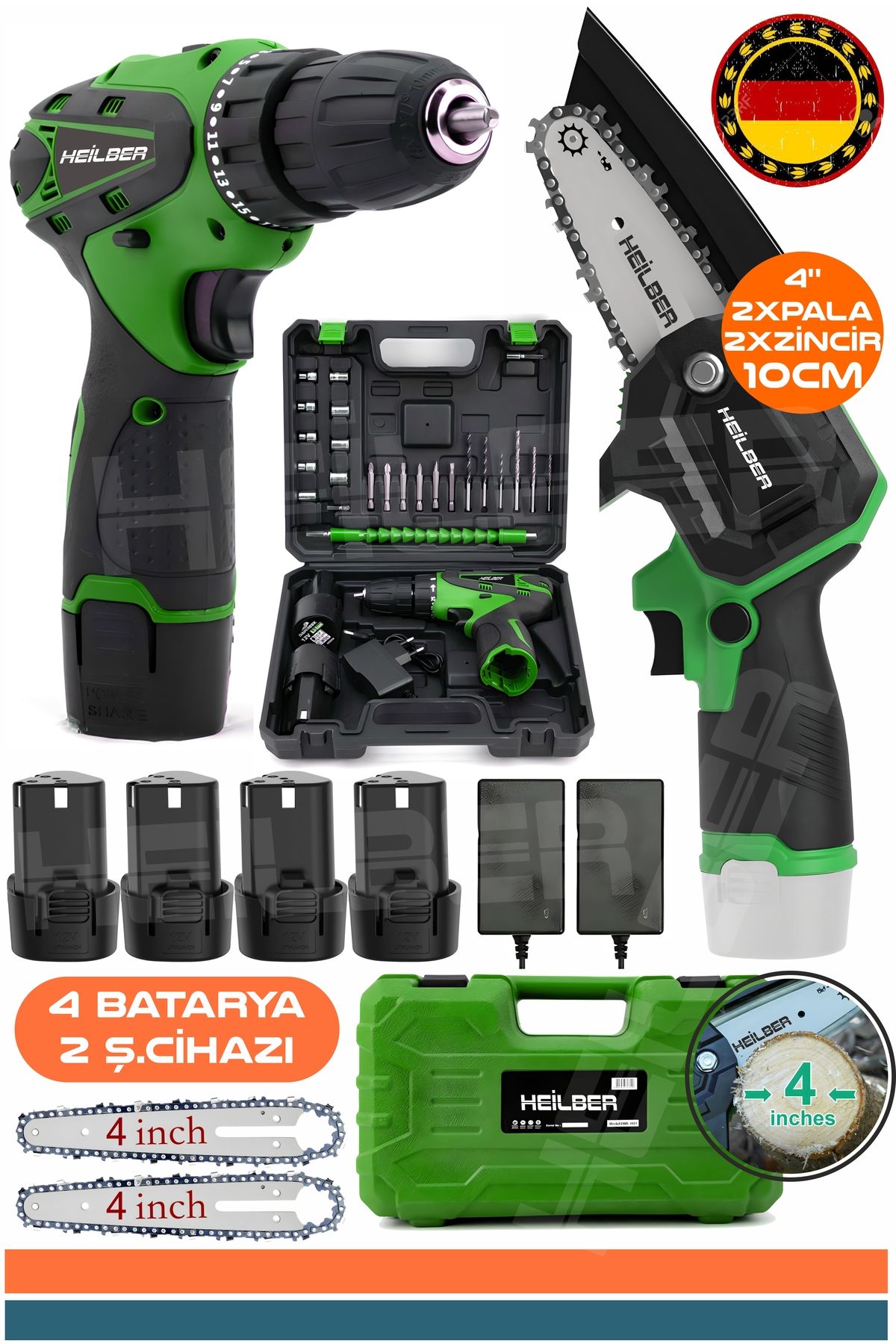 HEİLBER ALMAN GREEN 12V V258 AKÜLÜ VİDALAMA MATKAP + ŞARJLI AKÜLÜ ZİNCİRLİ DAL BUDAMA TESTERESİ +4 BATARYA