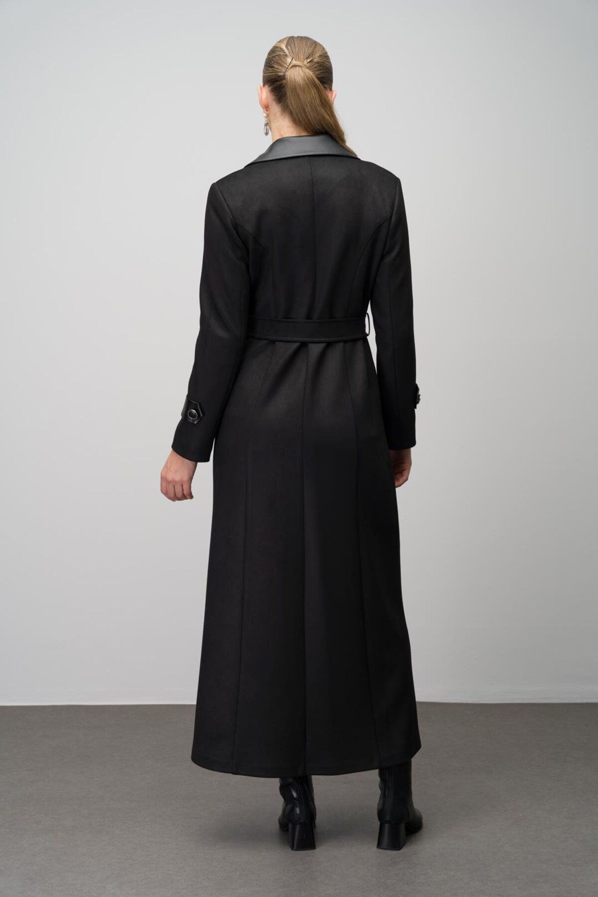 Olcay-Gabardine Suede Look duplasoros bőrkabát - FEKETE 6647 5