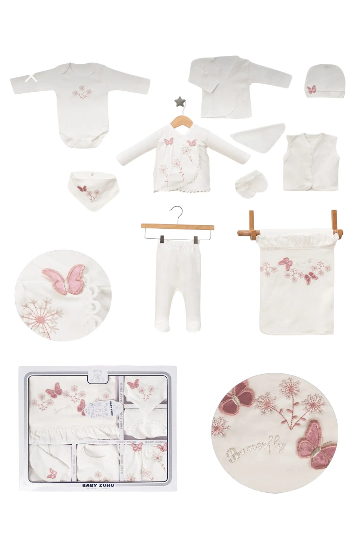 BABY ZUHU 10' Lu Lüks Kız Bebek Pamuklu Hastane Çıkış Seti / Yenidoğan Kız Bebek Kıyafeti /doğum Hediyesi fotoğrafı 3 (önizleme)