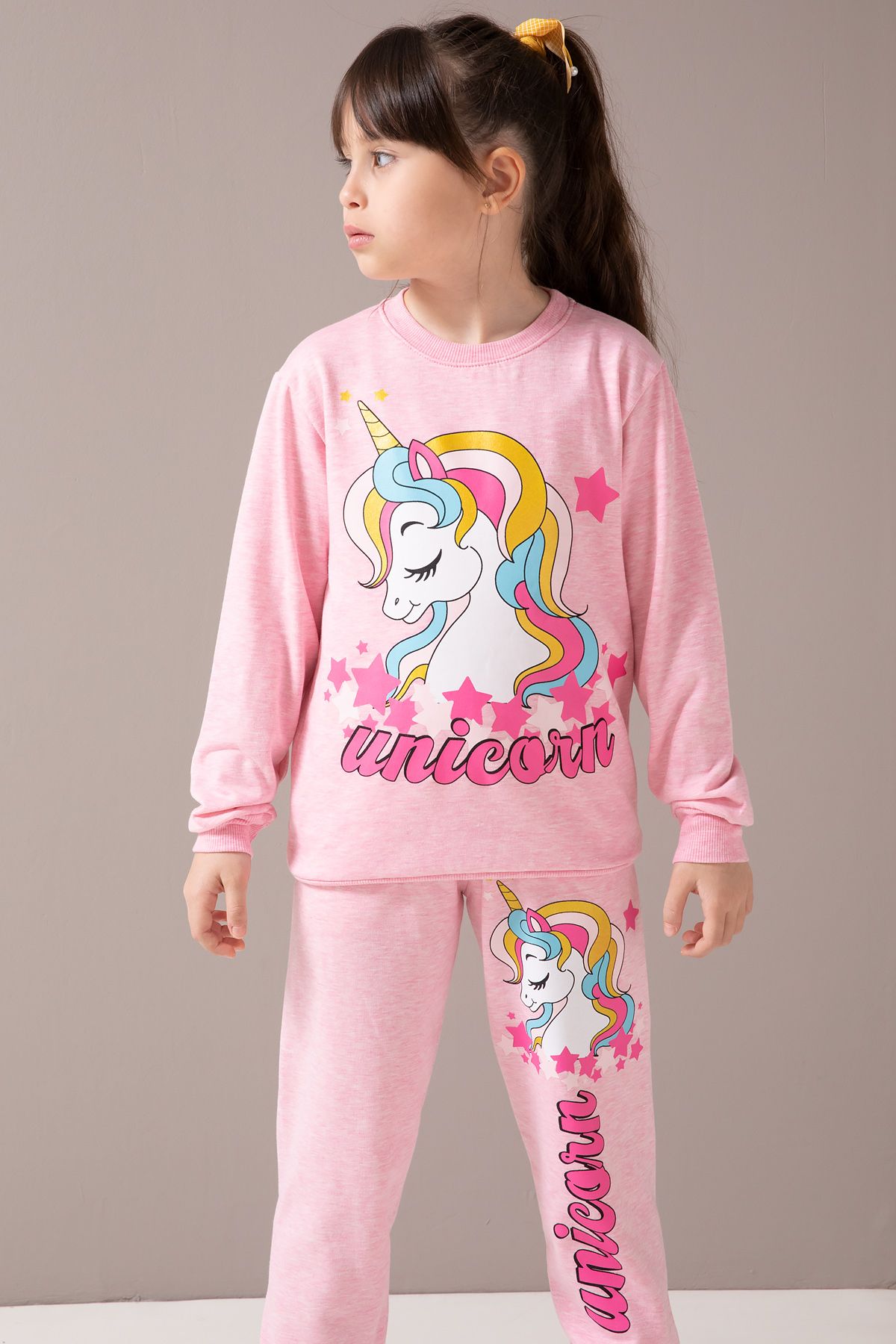 Cansın Mini-Pink Unicorn Printed Raised Girl's Tracksuit Set 19857 2