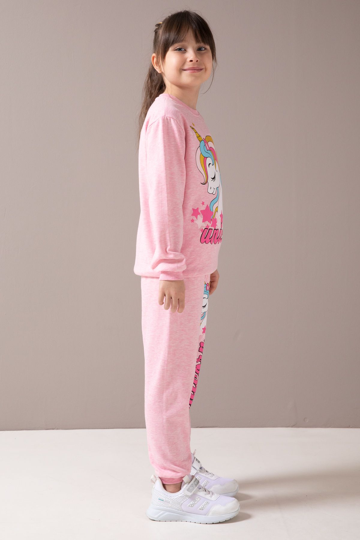 Cansın Mini-Pink Unicorn Printed Raised Girl's Tracksuit Set 19857 4