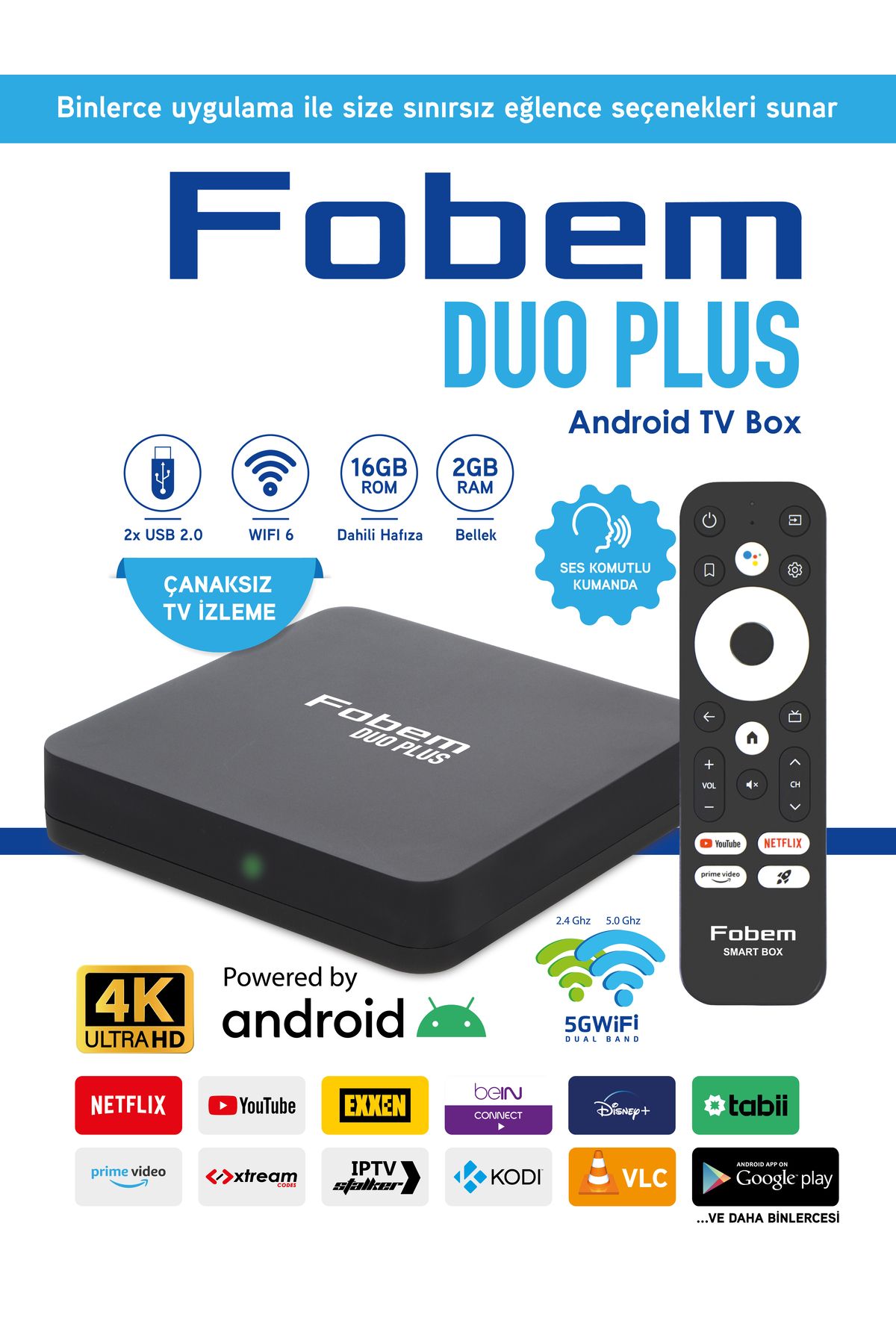 FOBEM Duo Plus 4K Android TV Box Medya Oynatıcı - Ses Komutlu Wi-Fi 2 Gb Ram 16 GB Hafıza