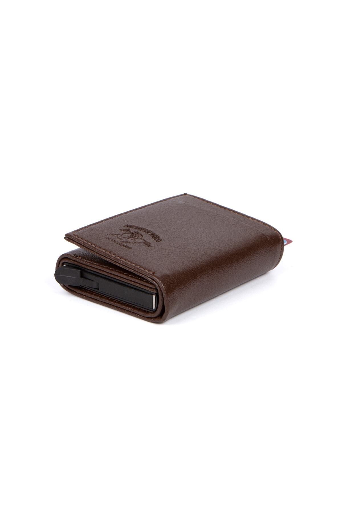 Newish-Men's Brown Faux Leather Aluminum Mechanism Slide Wallet and Card Holder 2