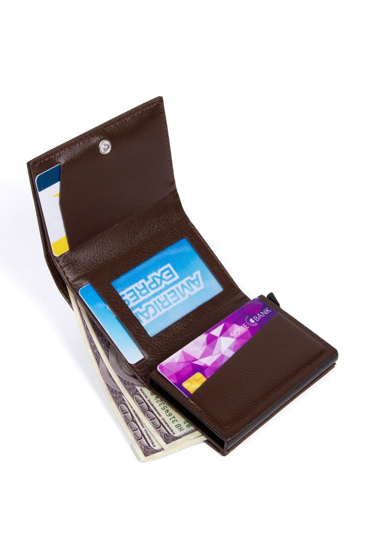 Newish-Men's Brown Faux Leather Aluminum Mechanism Slide Wallet and Card Holder 4