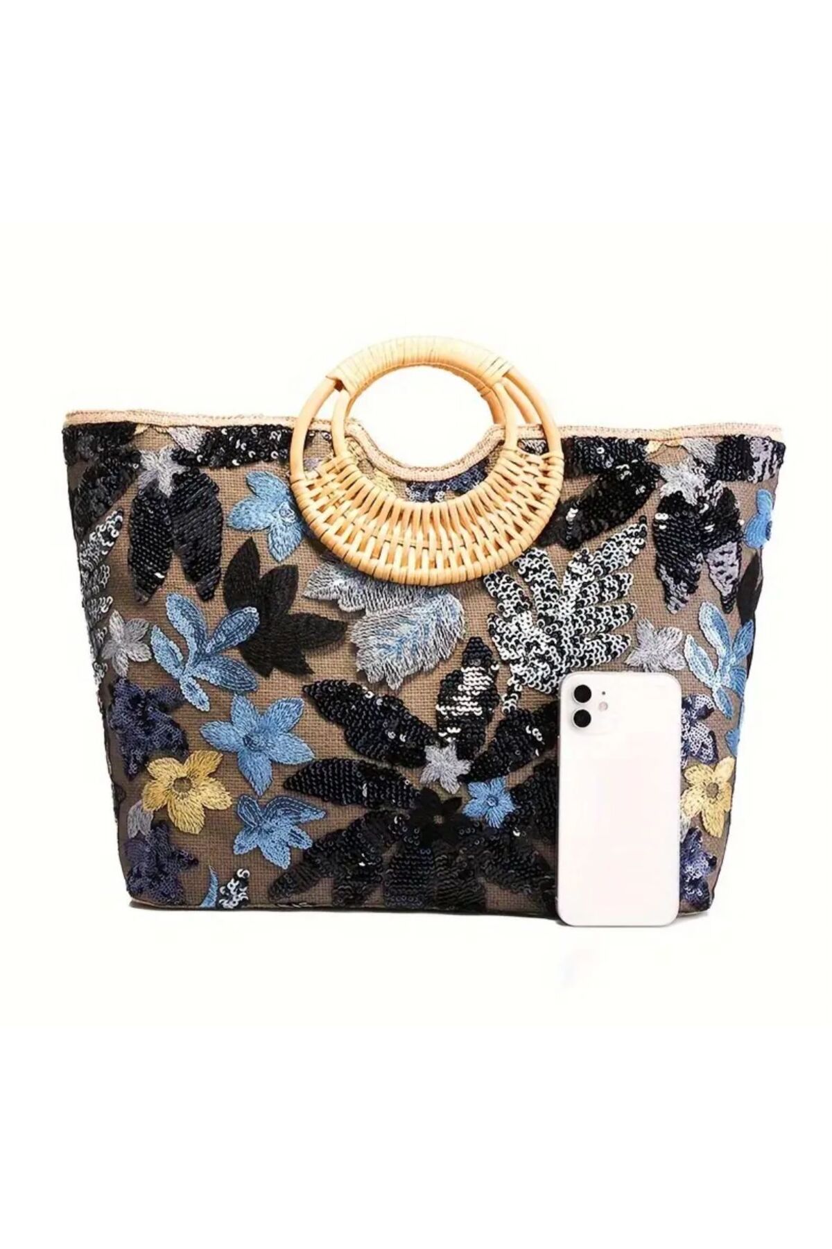 Miami Beach-Sequin Floral Patterned Jute Embroidered Bamboo Handle Zippered Beach & Travel Bag 4