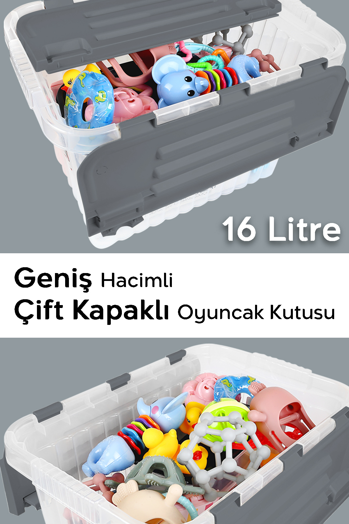 Meleni Baby Kilitli Kapak Oyuncak Kutusu - Bebek Çocuk Odası Düzenleyici - Çok Amaçlı Organizer - 16 Lt Antrasit fotoğrafı 4 (önizleme)