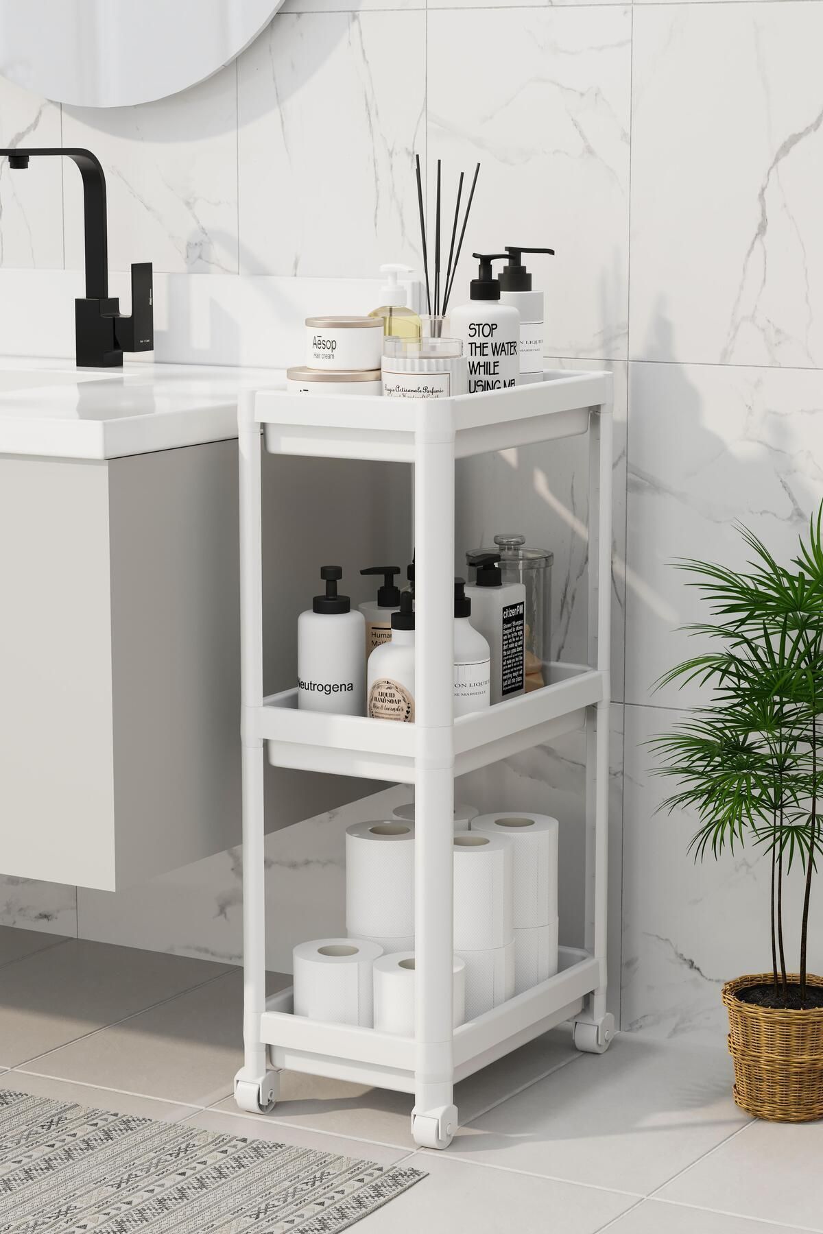 Omaş Household Product-3-Tier Bathroom Shelf Unit (Peggy) White Bathroom Organizer Shampoo Holder Towel Holder Cabinet (White) 2