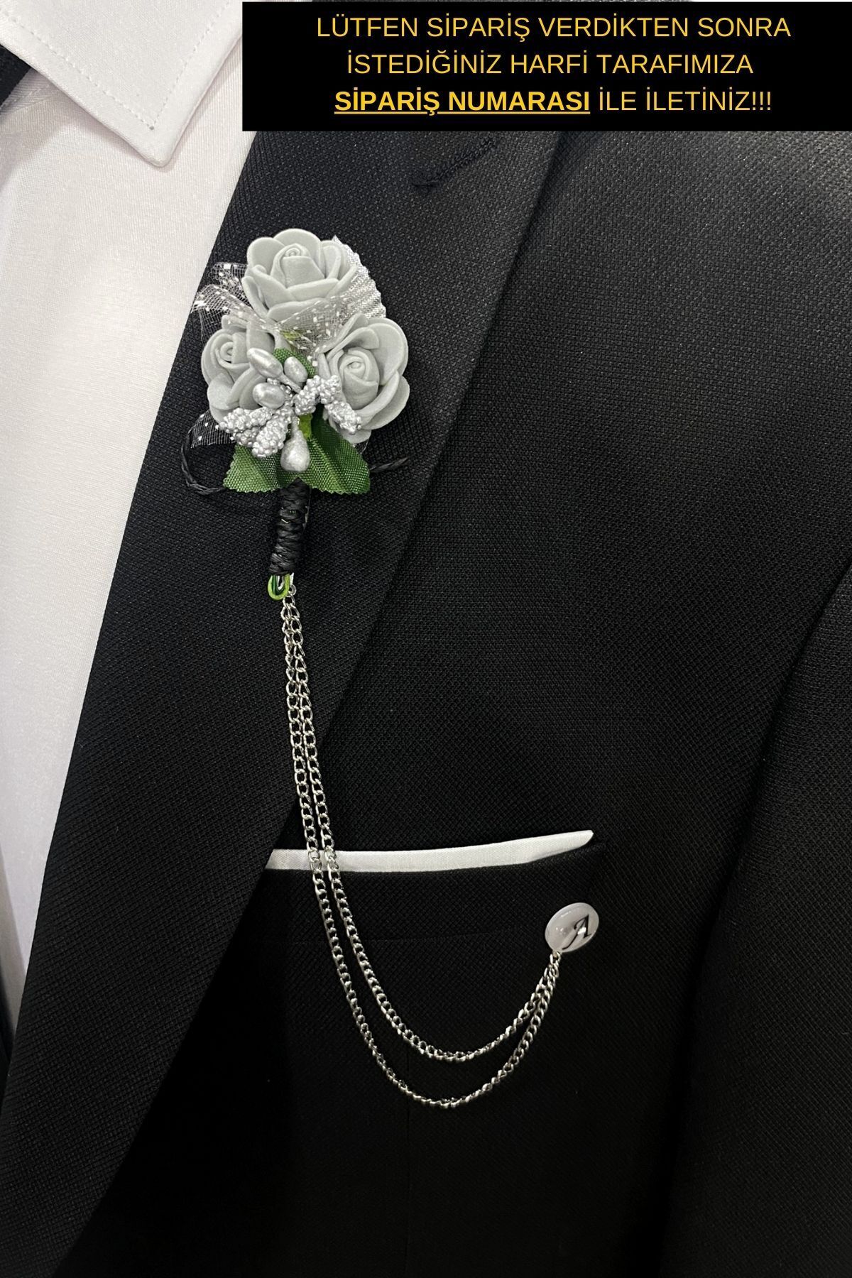 BLC Basic Line Co. Zincirli Damat Yaka Çiçeği ( Kişiselleştirilmiş Harf Seçeneği İle )