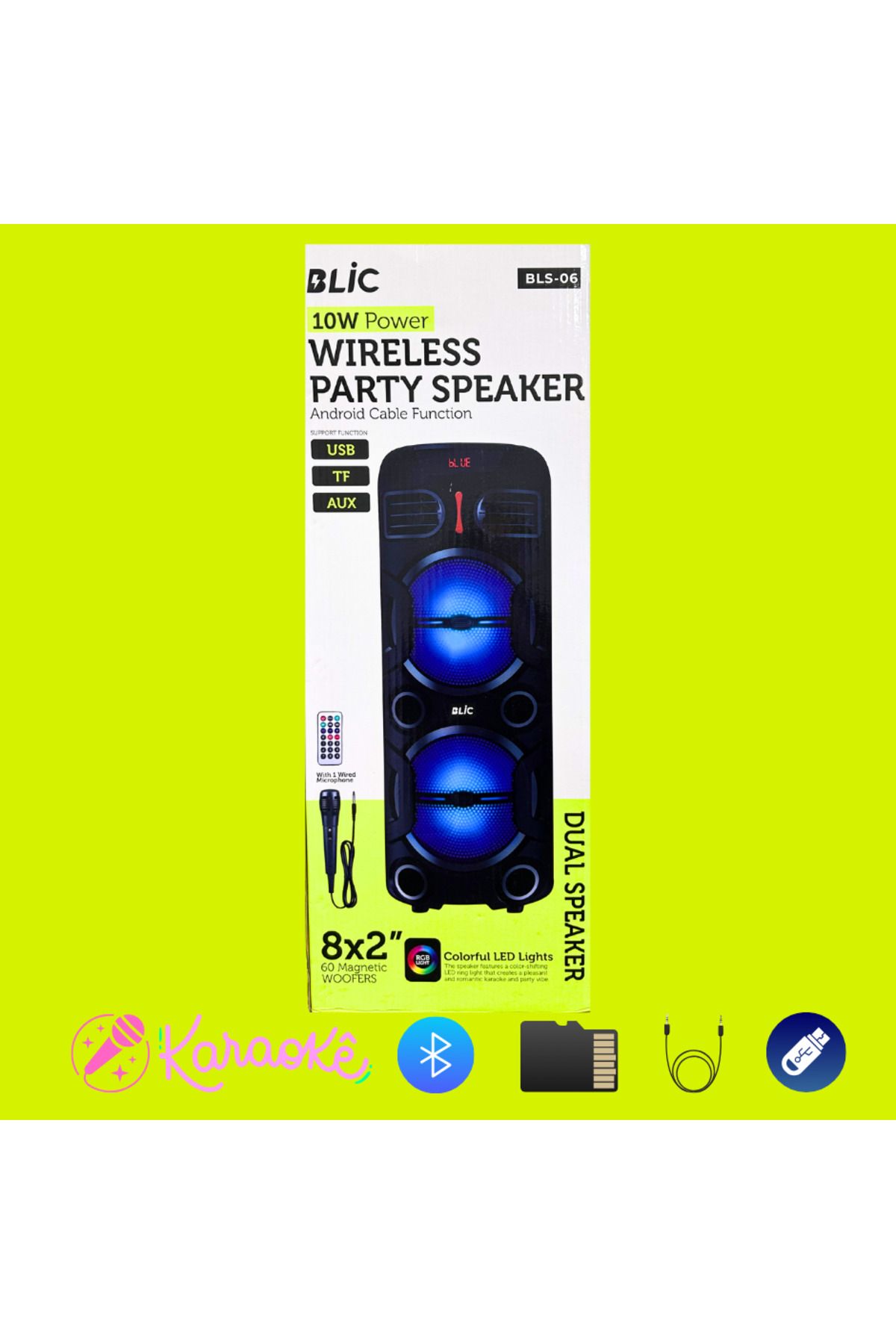 Blic BLS-06 10W Led Işıklı, Mikrofonlu 8''X2 Party Speaker Hoparlör