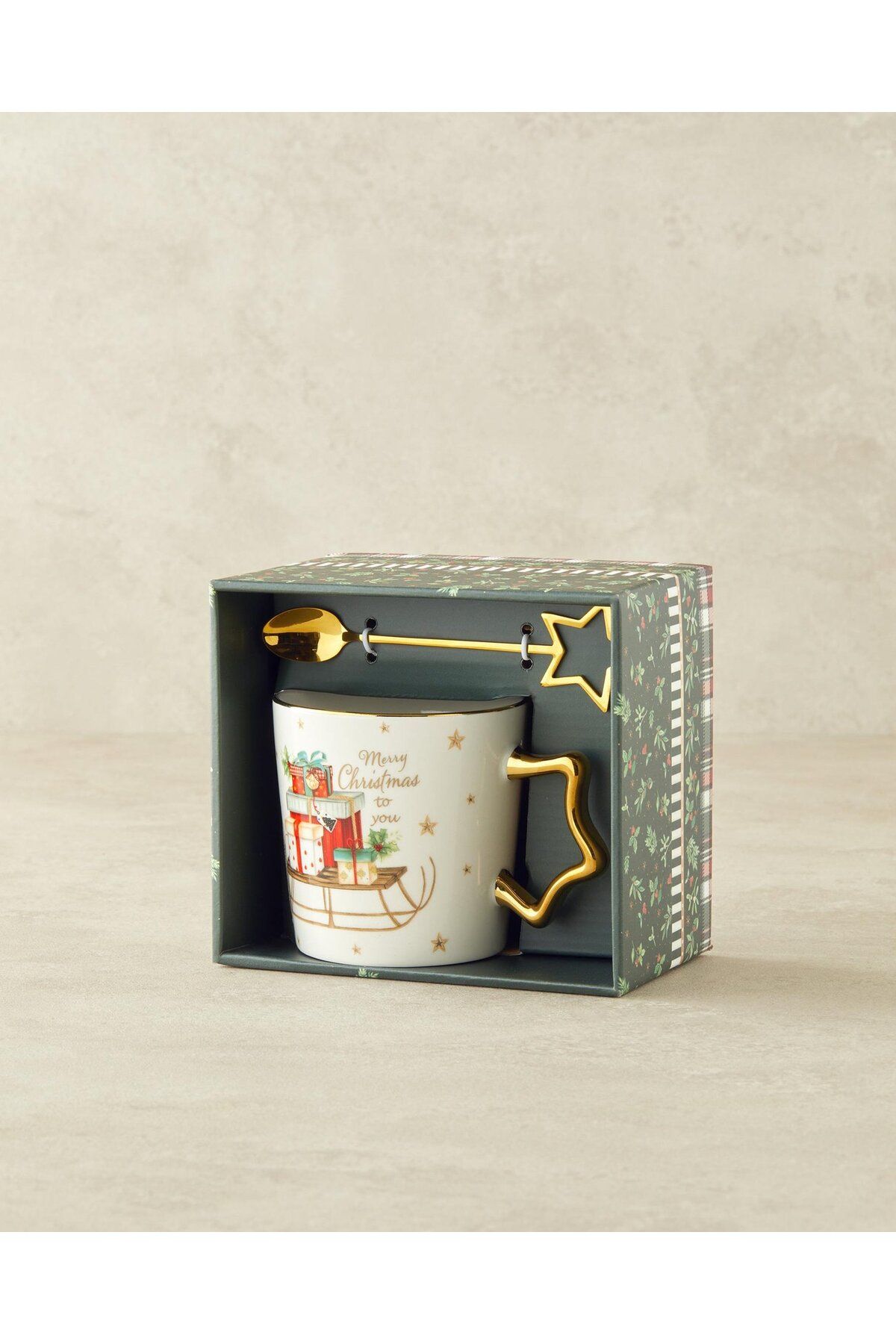 English Home Presents New Bone China Kaşıklı Kupa 360 ml Kırmızı - Yeşil