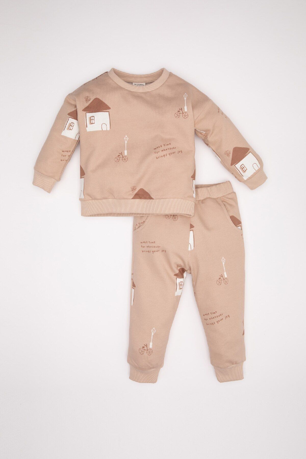 DeFacto-Gemustertes Sweatshirt mit Rundhalsausschnitt und elastische Jogginghose für Babys – 2-teiliges Set 1