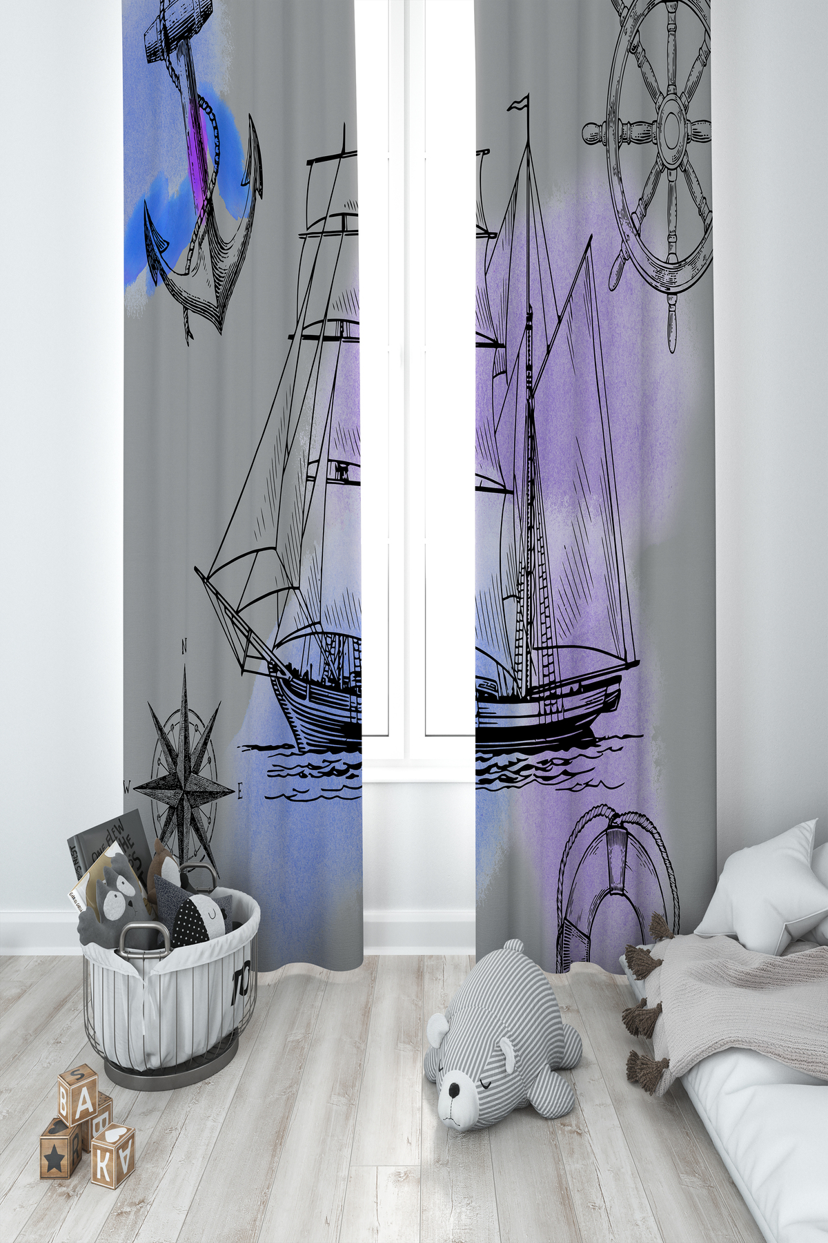 BAMBAŞKA MODA Cortina De Fundal Cu 2 Aripi Pentru Camera Bebelușilor Și Copiilor Cu Model Navă Pirat - 100 x 270