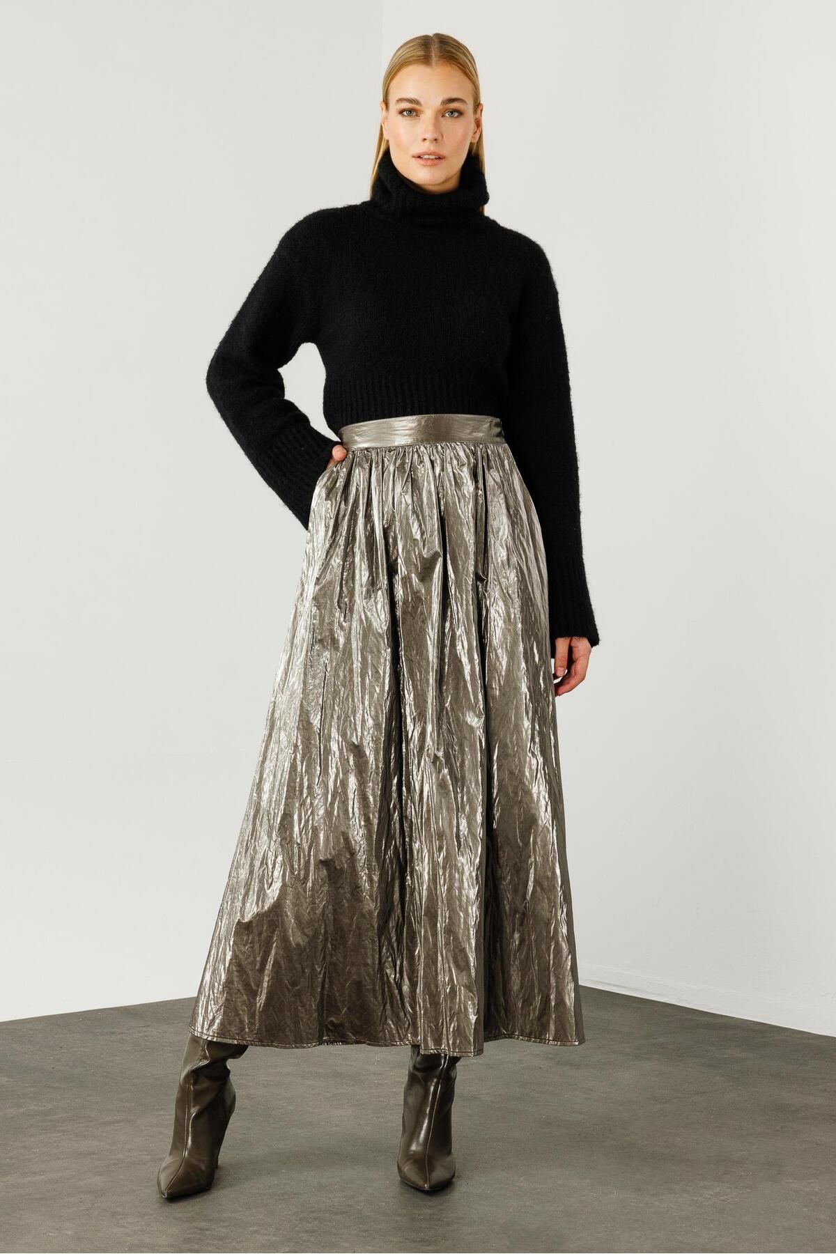 Moda İlgi-Anthracite Long Skirt - Fashionable, Drawstring and Side Pockets 4