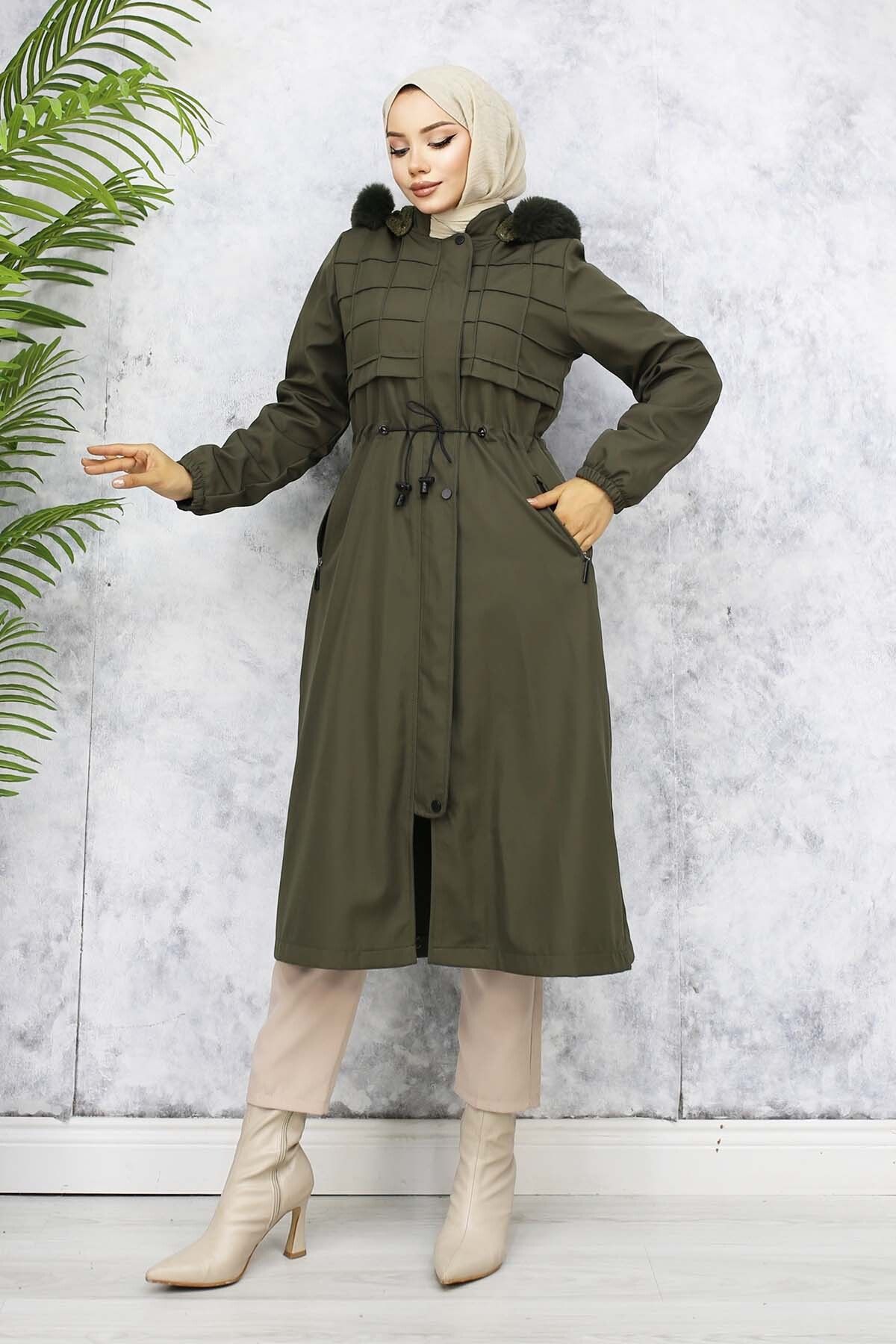 benguen-1101 Model Khaki Bondit Coat with Plush Inside and Fur Collar 5