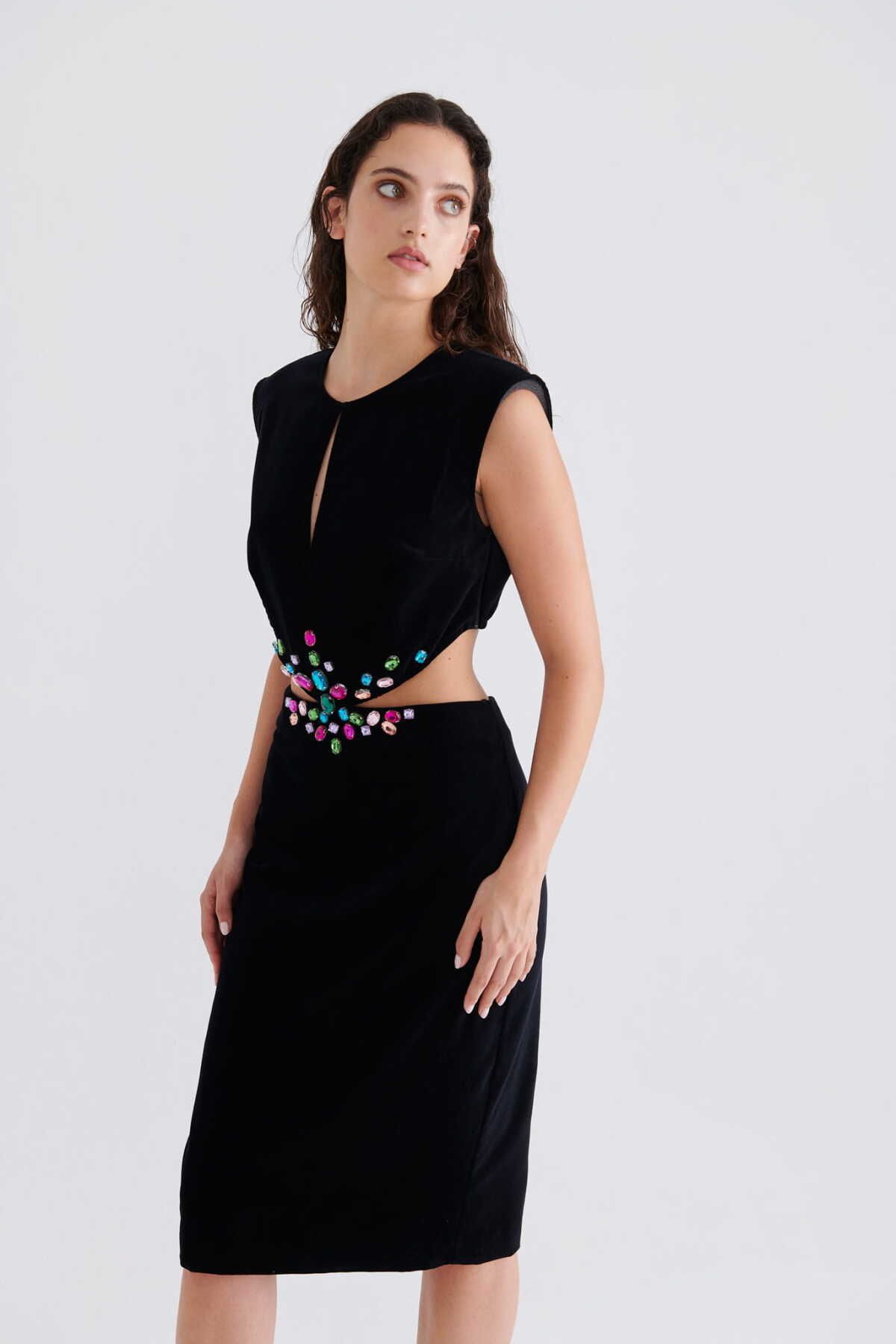 Roman-Stoned Velvet Evening Dress Black K2311532_001 4