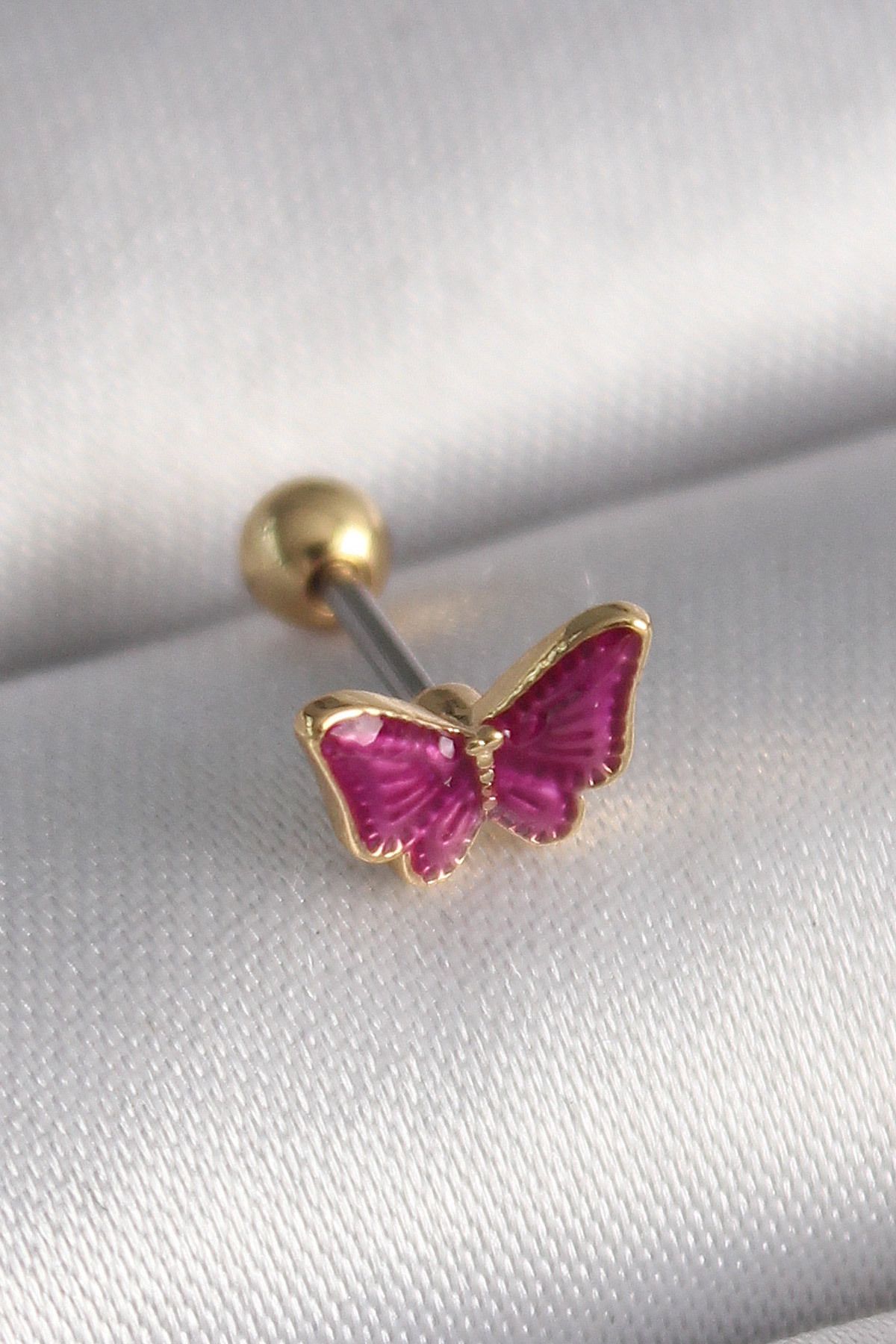 MAYAS 316L Çelik Gümüş Renk Pembe Kelebek Model Tragus Piercing