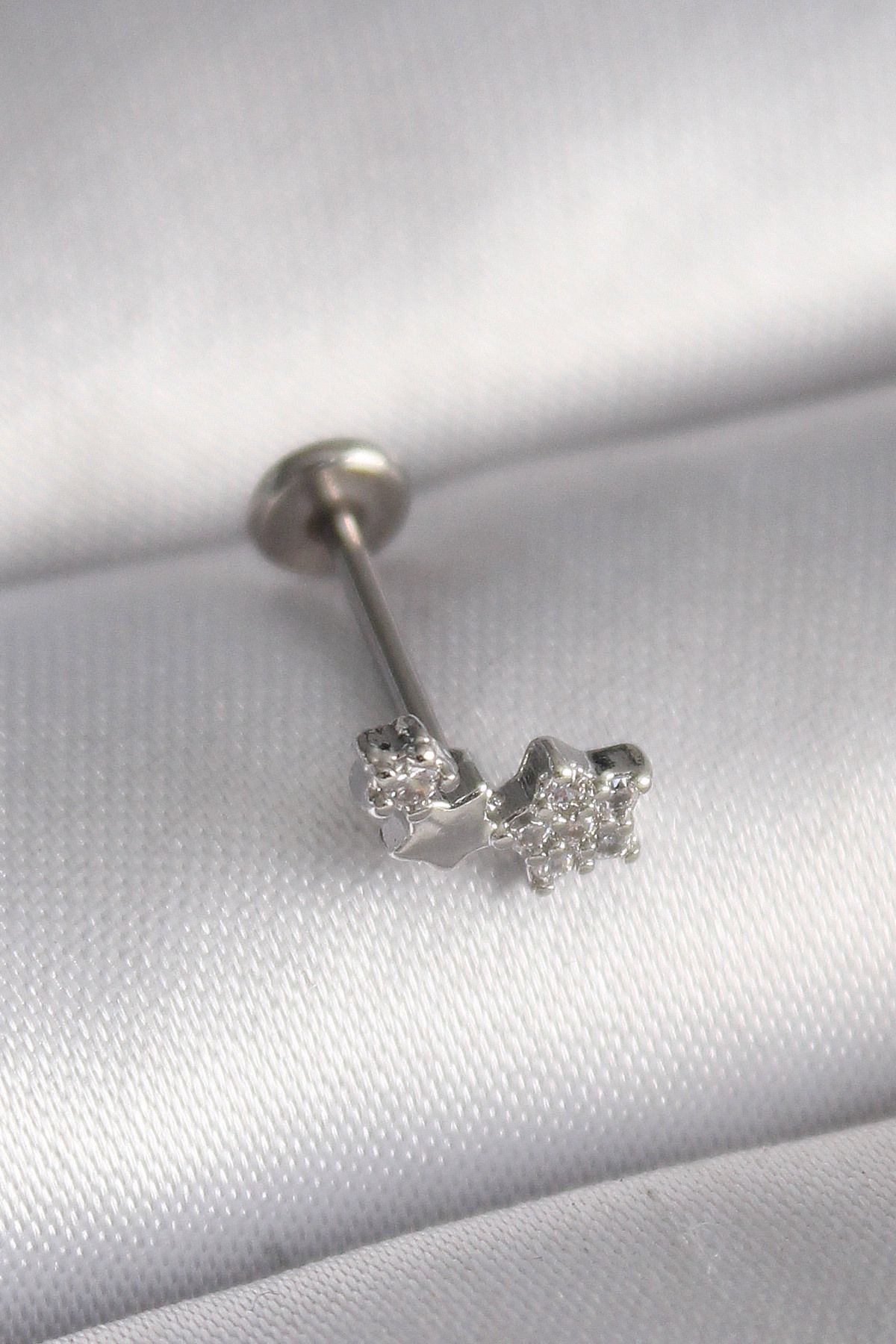 MAYAS 316L Çelik Gümüş Renk Zirkon Taşlı Yıldız Model Tragus Piercing