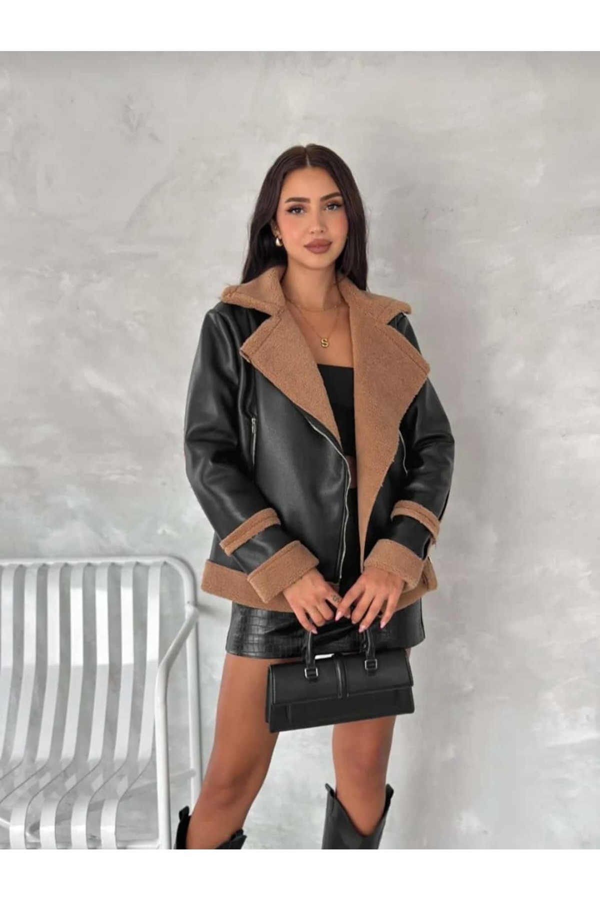 New Fashion  Siyah Biker Kadın Deri Mont Içi Kürklü - Görsel 4