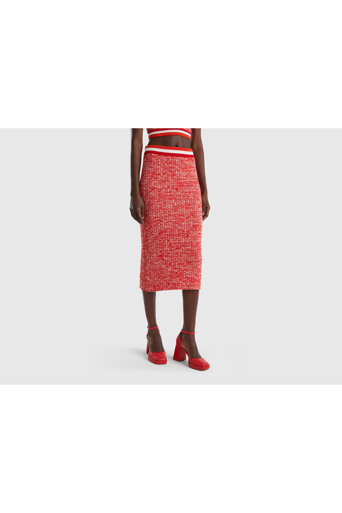 United Colors of Benetton-Pomegranate Flower Patterned Women's Slim Fit Skirt - Muline Long Rib 1