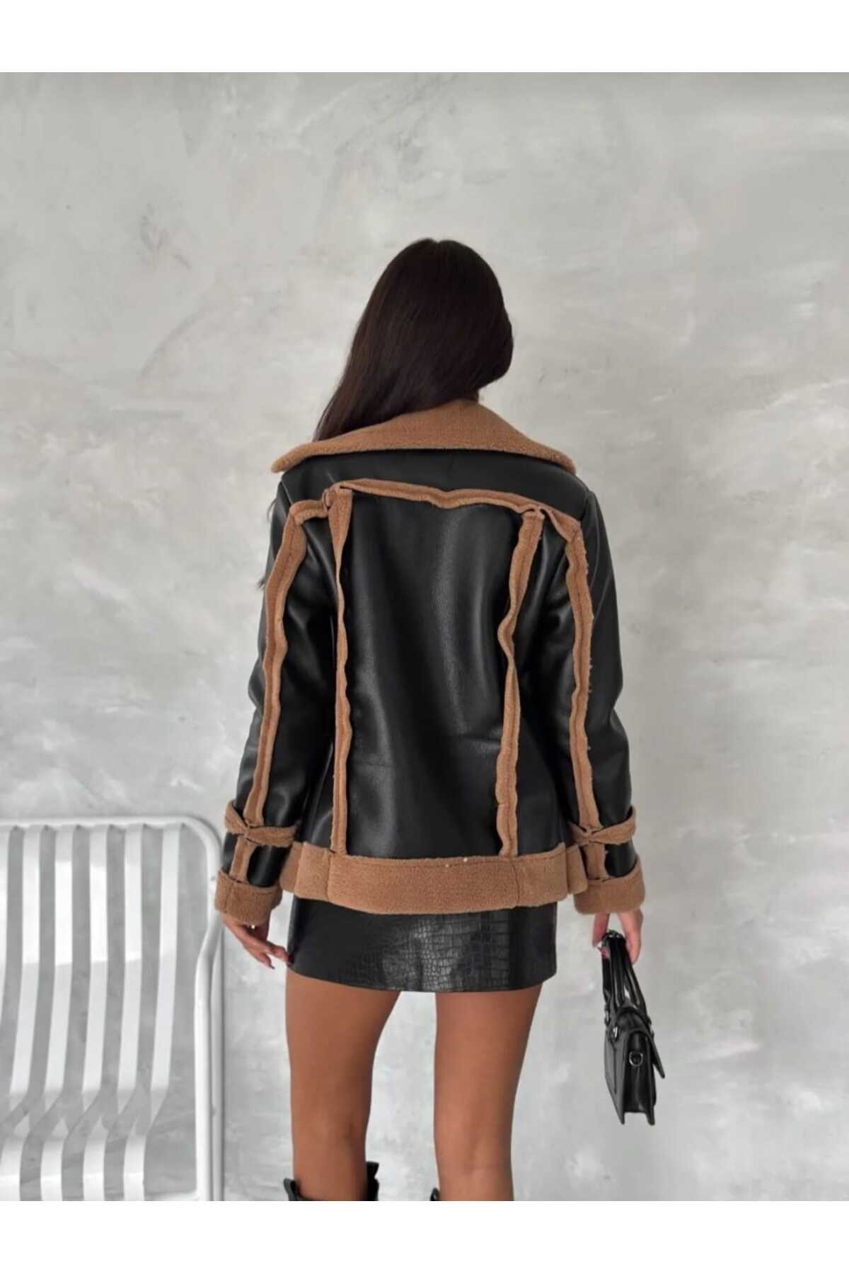 New Fashion  Siyah Biker Kadın Deri Mont Içi Kürklü - Görsel 3