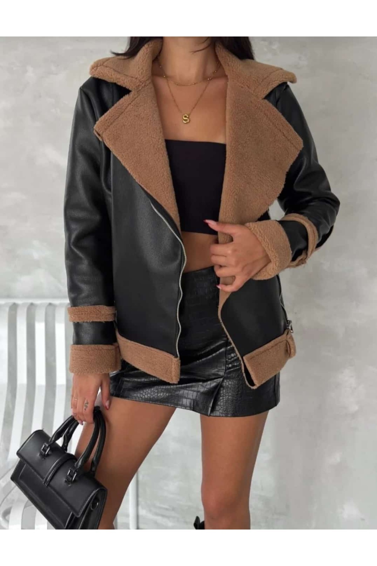 New Fashion  Siyah Biker Kadın Deri Mont Içi Kürklü - Görsel 2