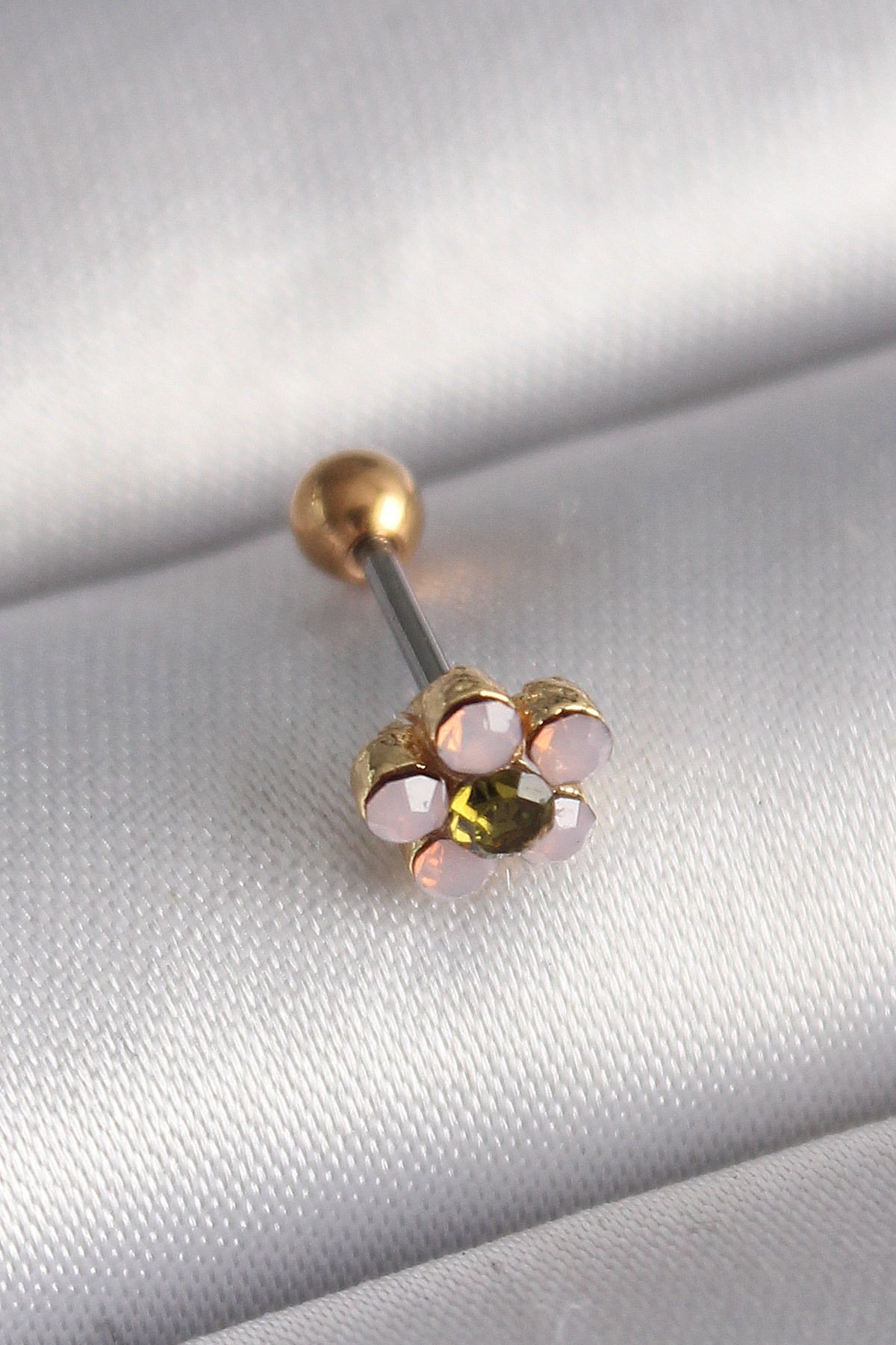 MAYAS 316L Çelik Gold Renk Zirkon Taşlı Çiçek Tragus Piercing