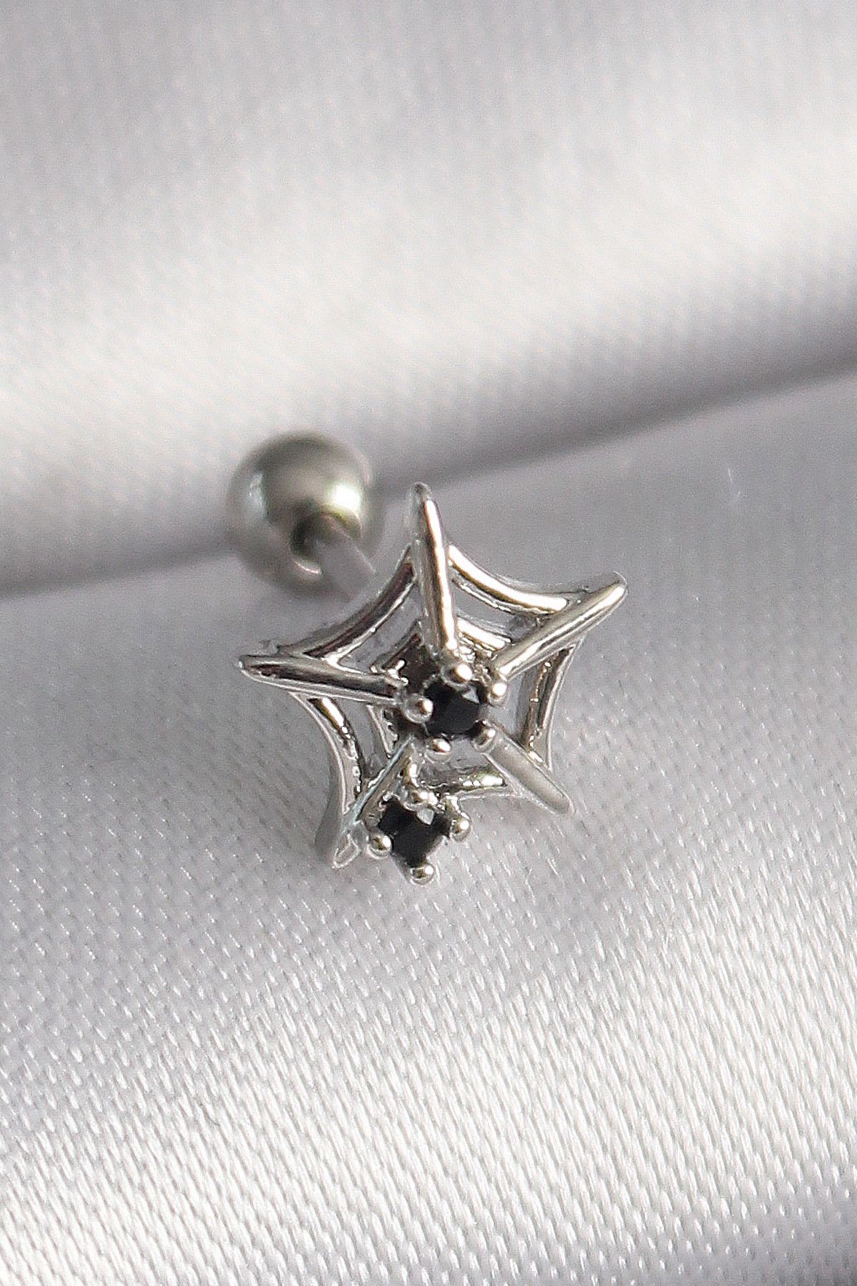 Maristas Çelik Gümüş Renk Siyah Zirkon Taş Detay Örümcek Ağ Model Tragus Piercing