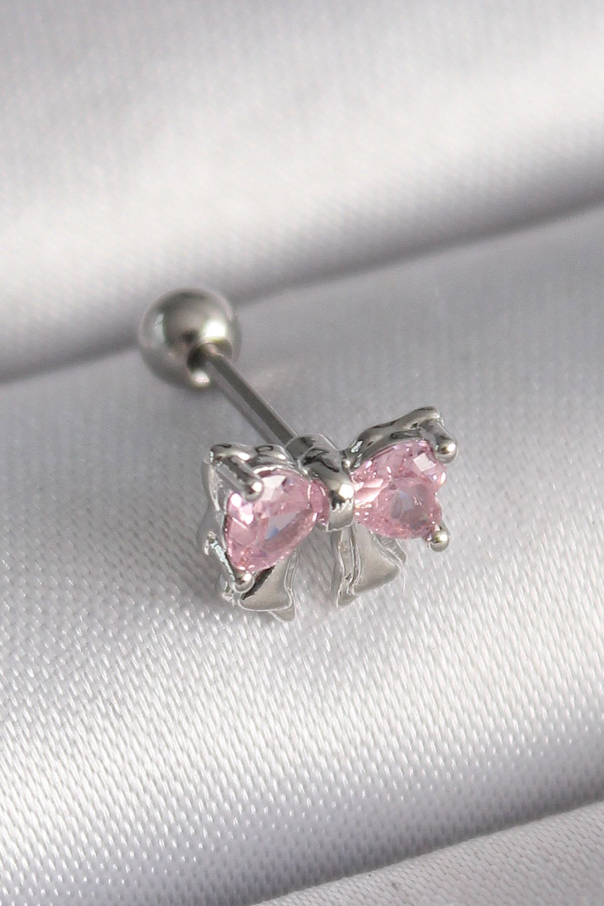 Maristas Çelik Gümüş Renk Pembe Zirkon Taşlı Fiyonk Tragus Piercing