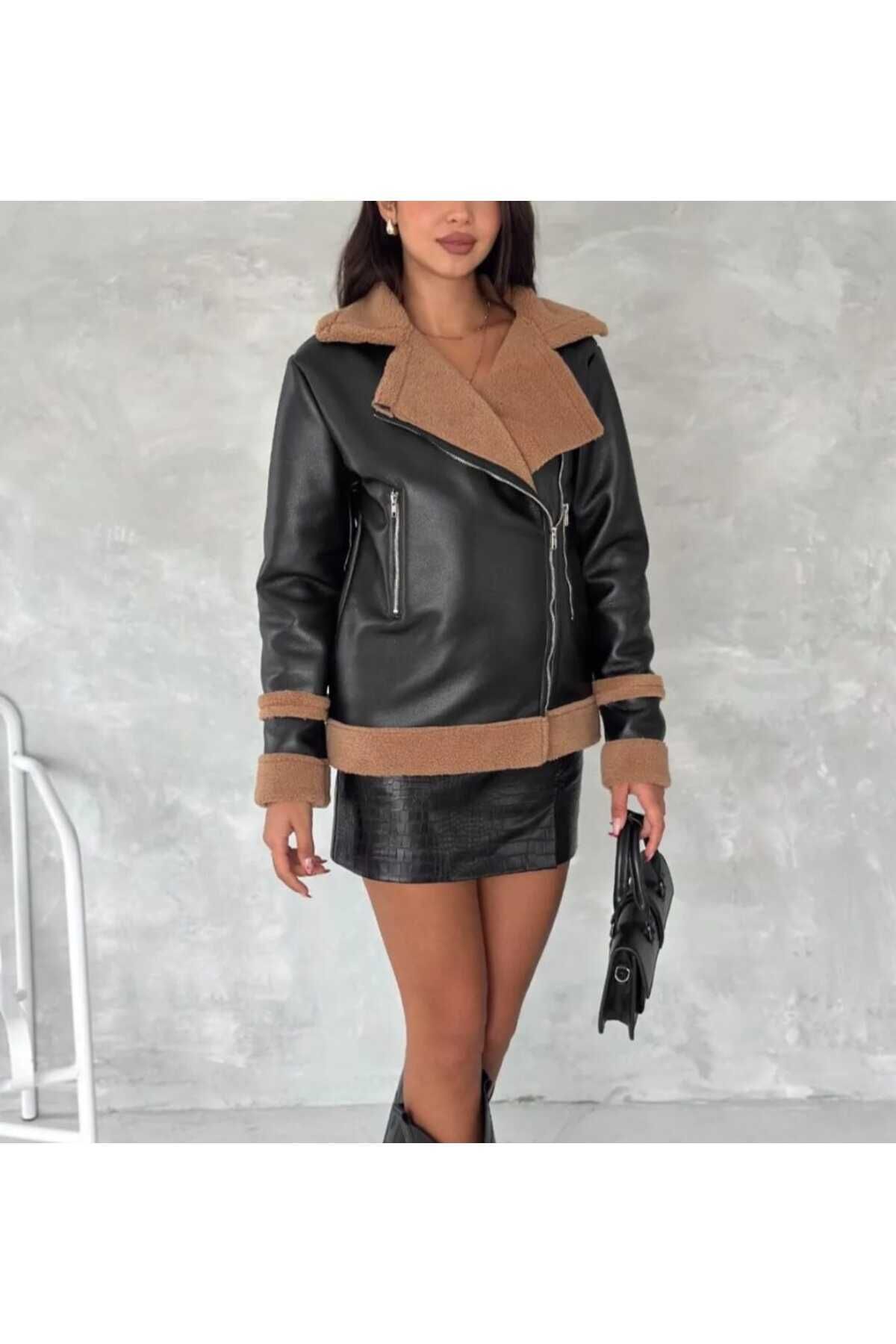 New Fashion Siyah Biker Kadın Deri Mont Içi Kürklü