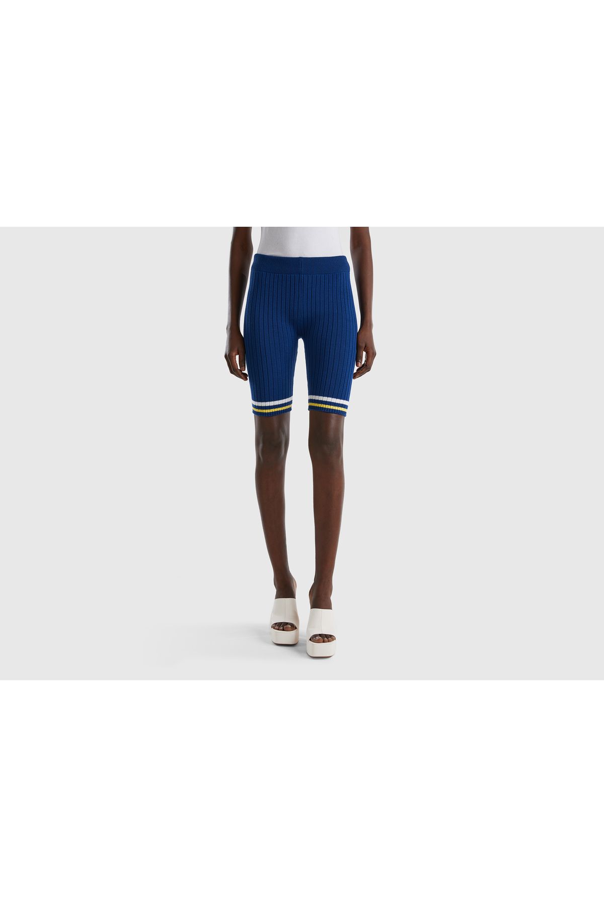 United Colors of Benetton Damskie Granatowe, Mieszane, Prążkowane, Dzianinowe Legginsy Bermudzkie Kobieta - M