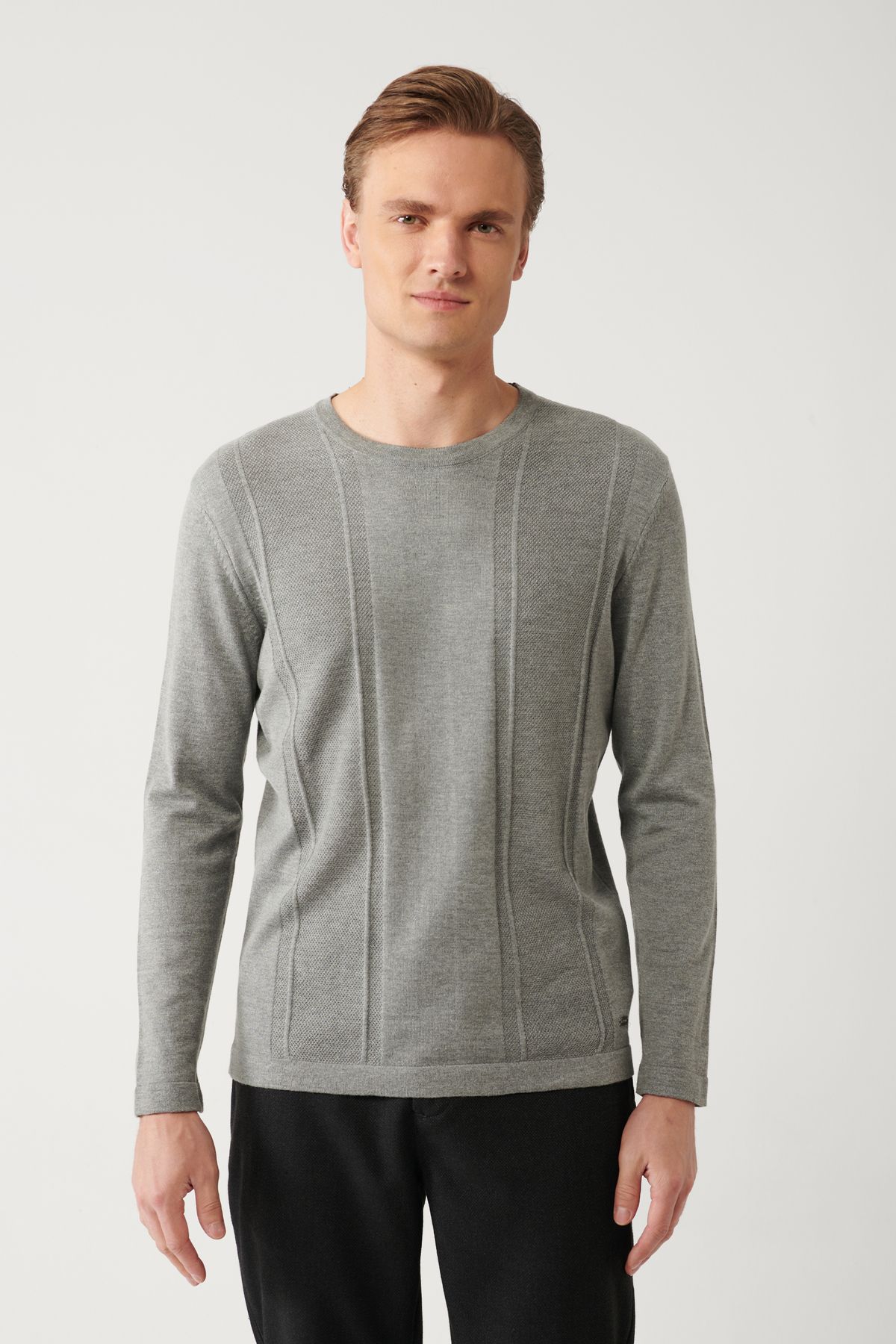 Avva-Men's Gray Crew Neck Cotton Textured Knitwear Sweater A32Y5133 3