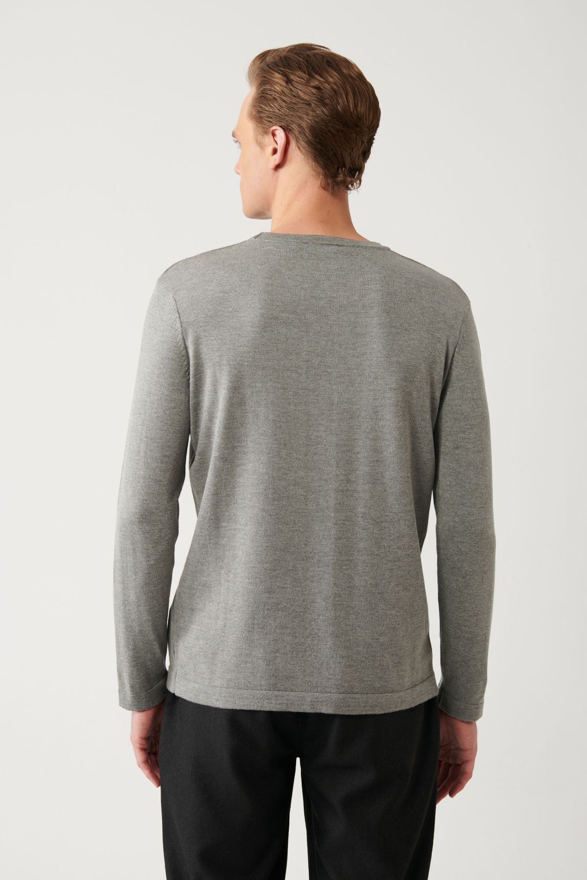 Avva-Men's Gray Crew Neck Cotton Textured Knitwear Sweater A32Y5133 4