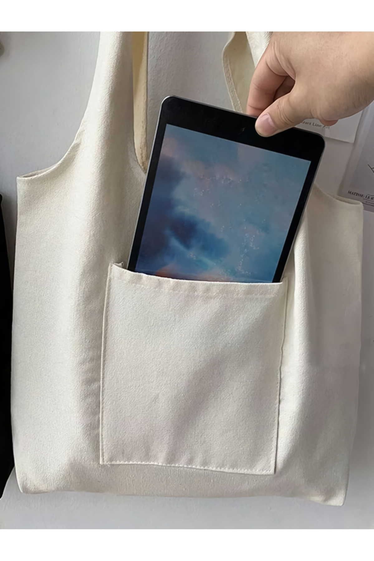 designedfy Bej Kanvas Körüklü Kumaş Cepli Şık Çanta, Kadın Kol Çantası 35x35x10cm görsel 2