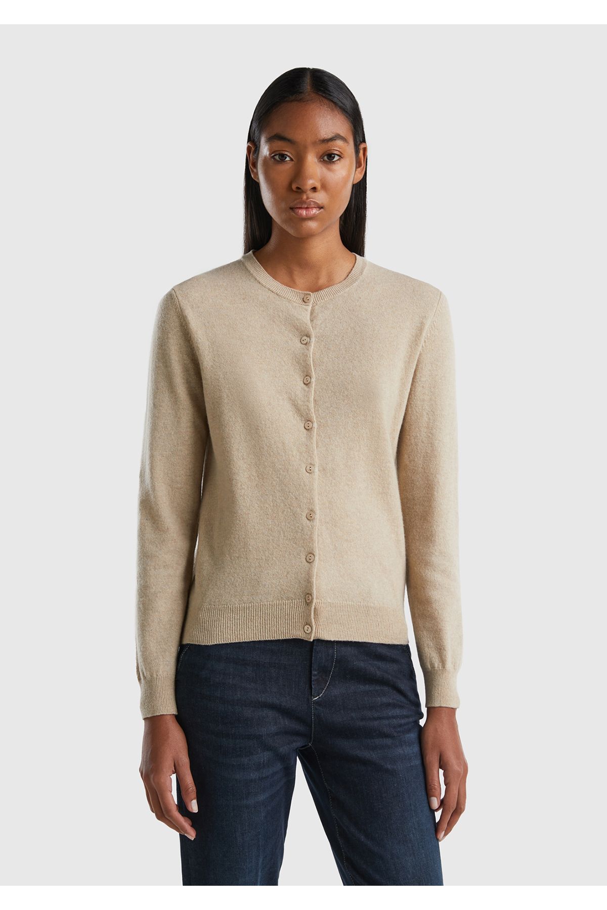 United Colors of Benetton-Women's Beige Melange Crew Neck 100% Merino Cardigan 1