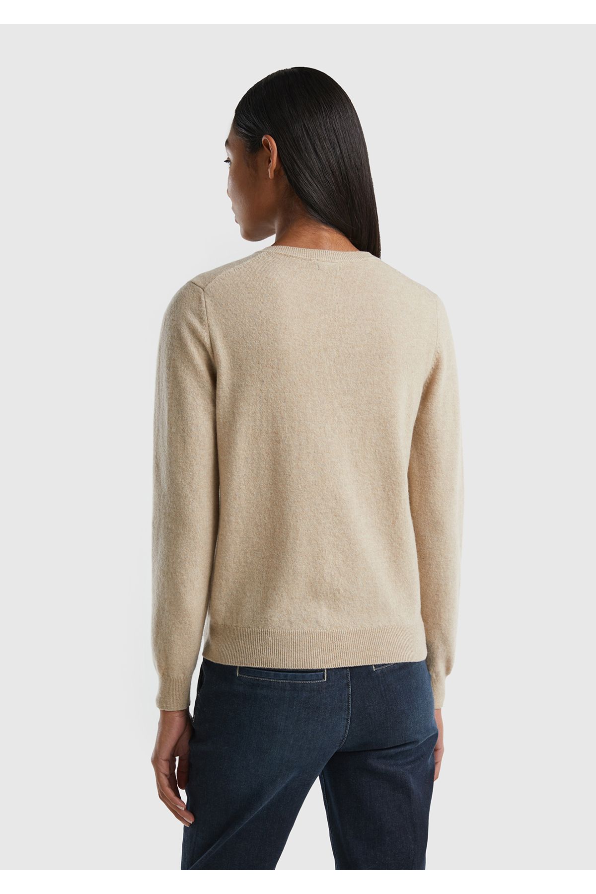 United Colors of Benetton-Women's Beige Melange Crew Neck 100% Merino Cardigan 3