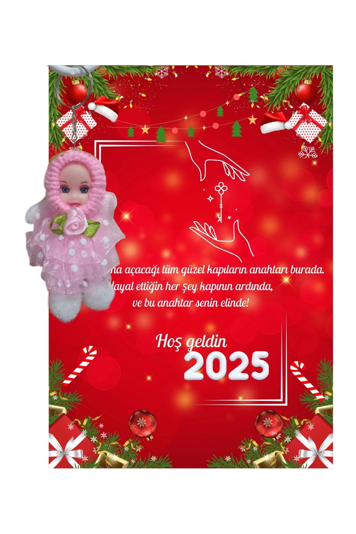 P Parla Yeni Yıl 2025 Kart Üzerinde Anahtarlık (Kişiye Özel Yazı Yazdırılabilir) Tütü Bebek