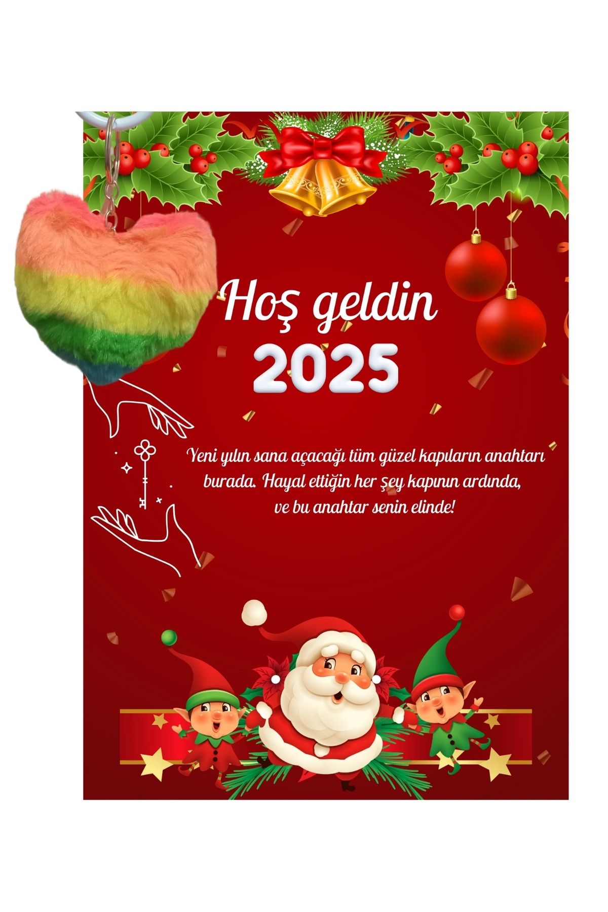 P Parla Yeni Yıl Noel Baba Kart Üzerinde Anahtarlık (Kişiye Özel Yazı Yazdırılabilir) Renkli Kalp