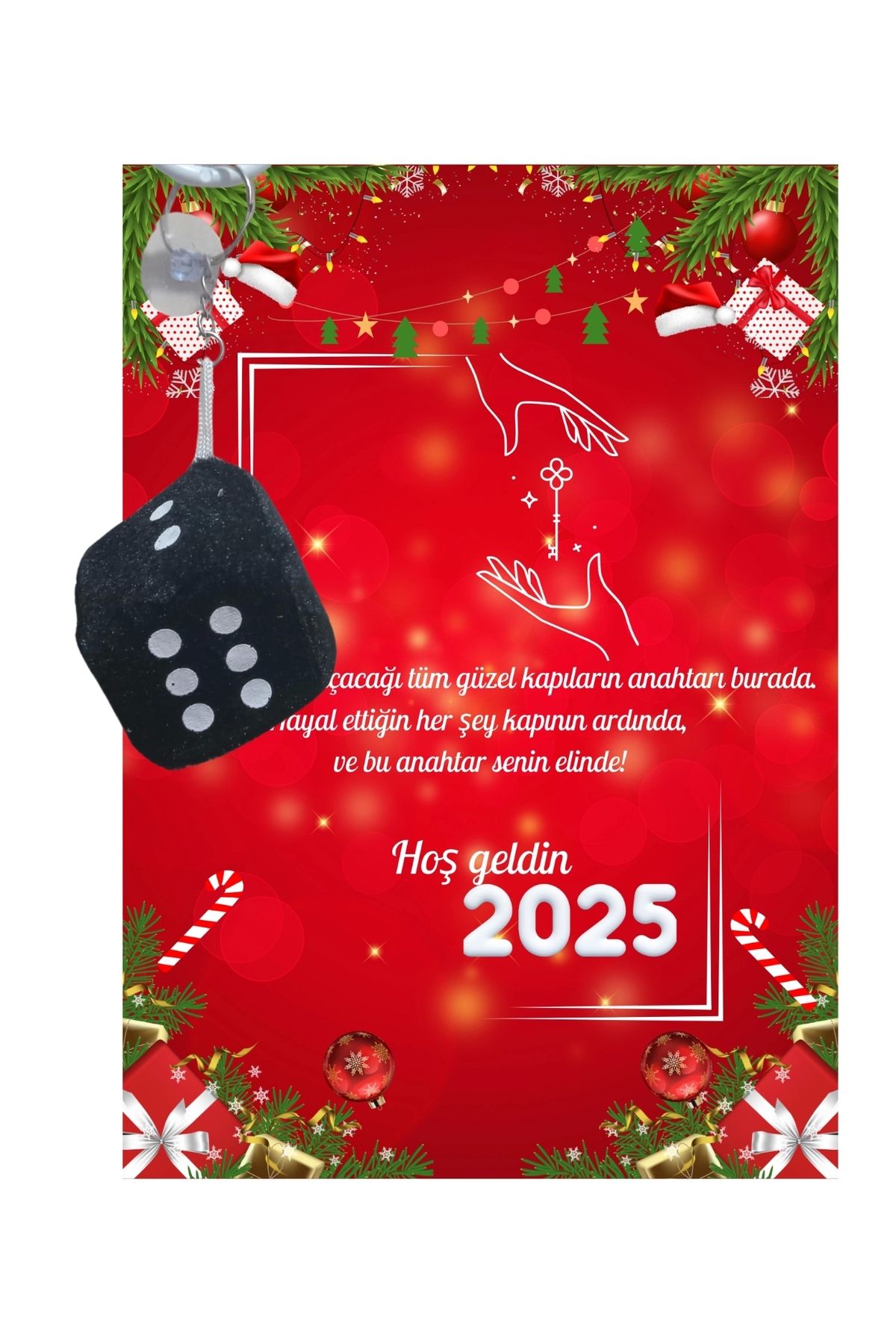 P Parla Yeni Yıl 2025 Kart Üzerinde Anahtarlık (Kişiye Özel Yazı Yazdırılabilir) Zar Model