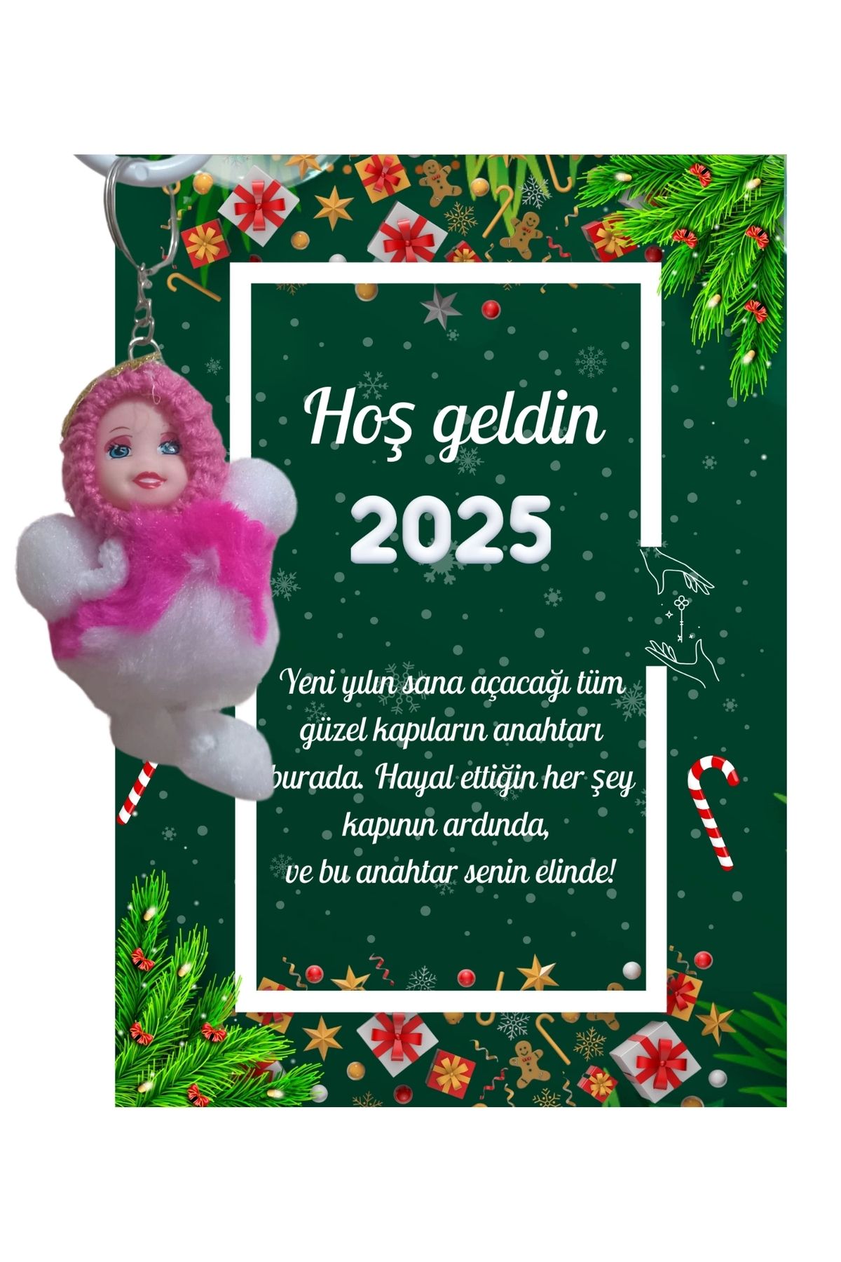 P Parla Yeni Yıl Kart Üzerinde Anahtarlık (Kişiye Özel Yazı Yazdırılabilir) Peluş Bebek
