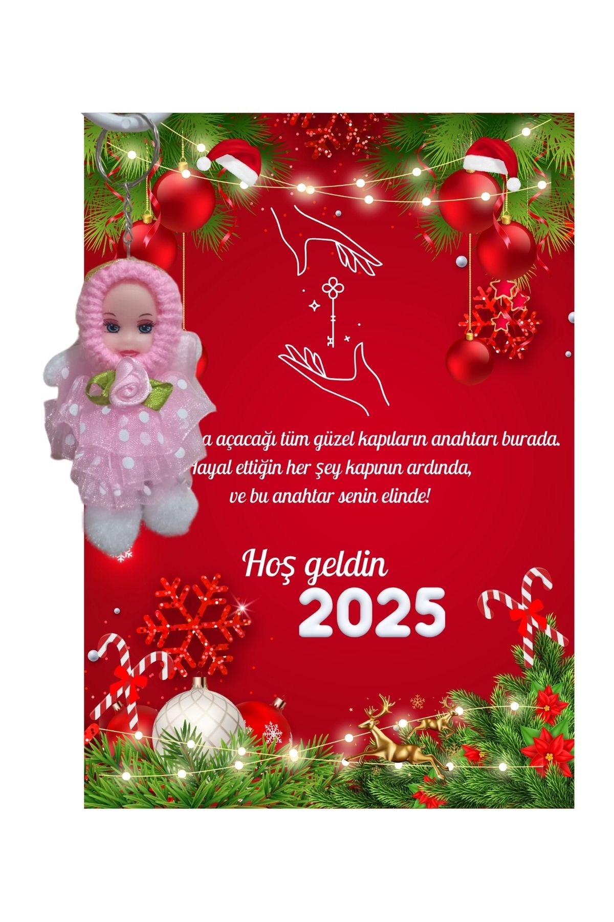 P Parla Yeni Yıl Geyik Kart Üzerinde Anahtarlık (Kişiye Özel Yazı Yazdırılabilir) Tütü Bebek