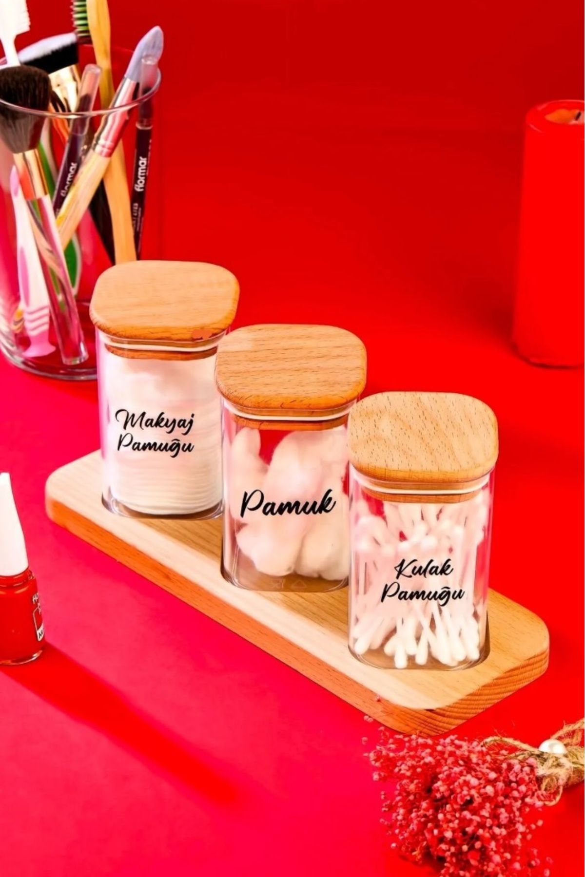 Ahşap  3lü Çapraz Standlı 250 ML Mika Pamukluk Seti Dekoratif Banyo Organizeri