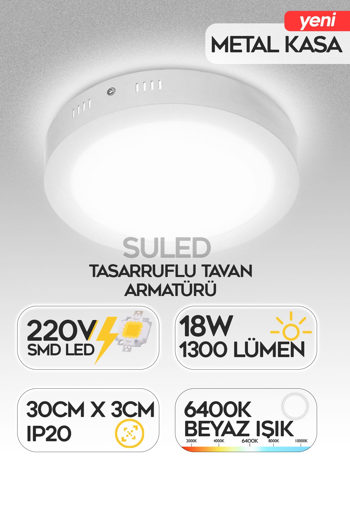 SULED Sl-1029 Sıva Üstü Beyaz Led Armatür A+ Tasarruflu Tavan Armatürü 30cm 220v Smd Led Işık Lamba